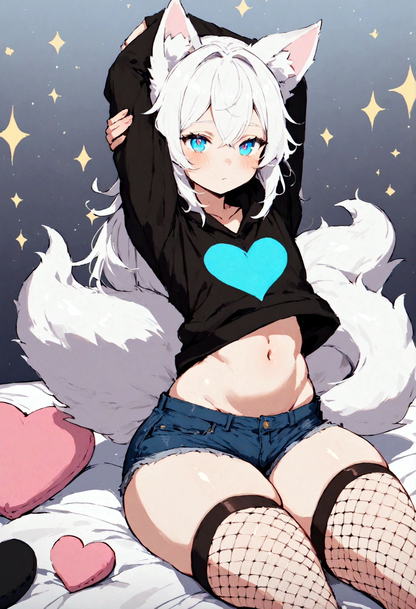 a cute adult male with wolf ears, white hair, has a wolf tail, wearing a loose cropped oversized black hoodie, wearing a pair of denim short shorts and fishnet stockings, thick thighs, wide hips, relaxing on mound of fluffy multi colored kawaii plushies, short, very slim, showing slender tummy, stretching out, heart on hoodie, squishy thighs, has glowing blue eyes. alone, solo (ALONE)(SOLO)