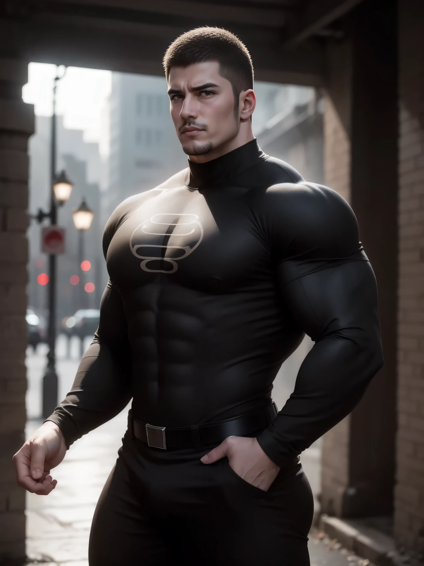 Super muscular man with open mouth moaning,  Buzz Cut，On the old-style outdoor street under the hot sun, Wear a long-sleeved, deep turtleneck bodysuit, Thickened warm elastic texture，Clothes are very dirty with mud stains，The expression is arrogant, Thick thighs, Messy hair, Thick thighs, High-necked long-sleeved dark yellow high-necked tights, very tight, Regular symmetrical pattern, Highlight muscles, Police uniform pants, character concept（Resident Evil - Chris Redfield, Chris Redfield）A proud expression, Deep and charming eyes, Heroic male pose, tall Burly, muscular！muscular thighs, tough guy, perfect facial features, High, Burly, Heqiang, Super polished and cool, High Resolution Committee, Charismatic, The sun is blazing, dazzling