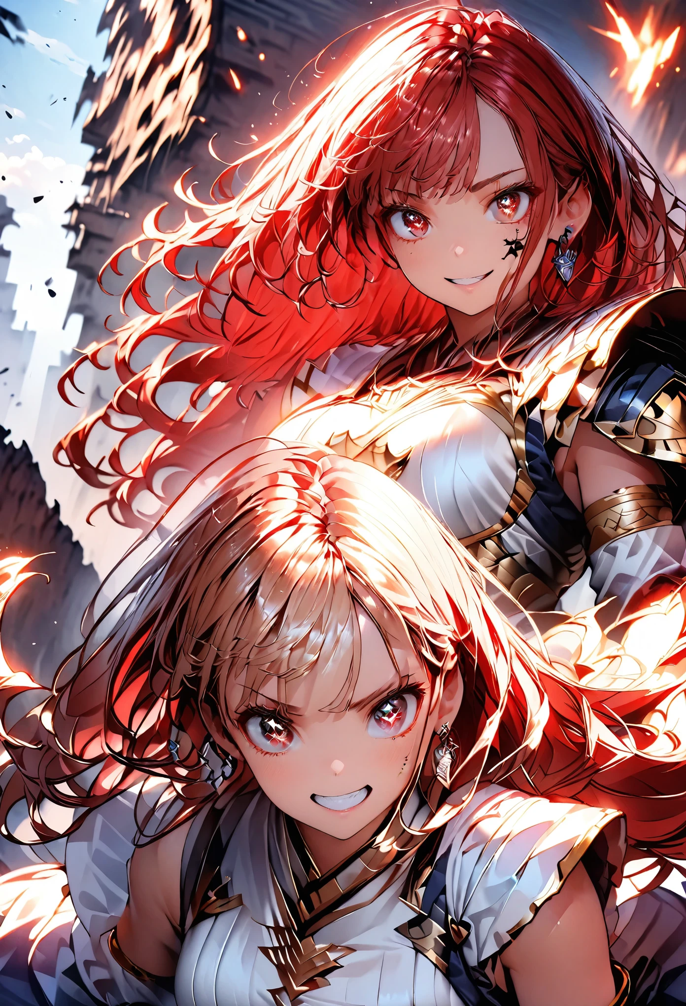 (highest quality:1.2, Very detailed, up to date, Vibrant, Ultra-high resolution, High Contrast, masterpiece:1.2, highest quality, Best aesthetics), (((1 girl))), Woman wielding a large sword, Luxurious Armor, Flowing hair, intense expression, Intense battle scenes, Dramatic lighting, Bright colors, Powerful strokes, Redhead, Long Hair, Wavy Hair, Red eyes, jewelry, Earrings, (((Expression of fine eyes:1.2, Beautiful Skin, Detailed facial expressions))), Flowing hair, (Crazy Smile, Sparkling eyes), Heroic figures, Detailed armor and weapons, Dynamic pose, War-torn landscape background