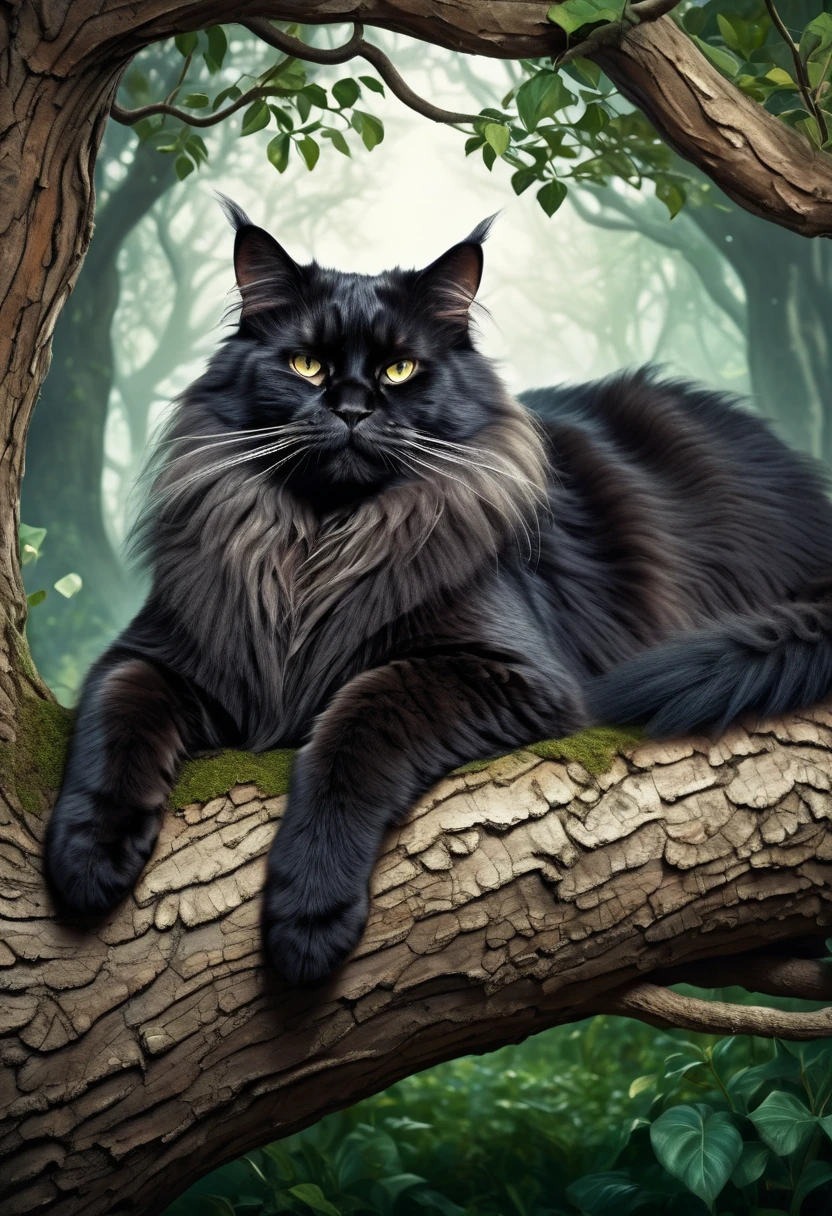 Create an illustration for the fairy tale Alice in Wonderland. Image of a large fluffy dark cat, lying on a tree and looking down with an arrogant look.