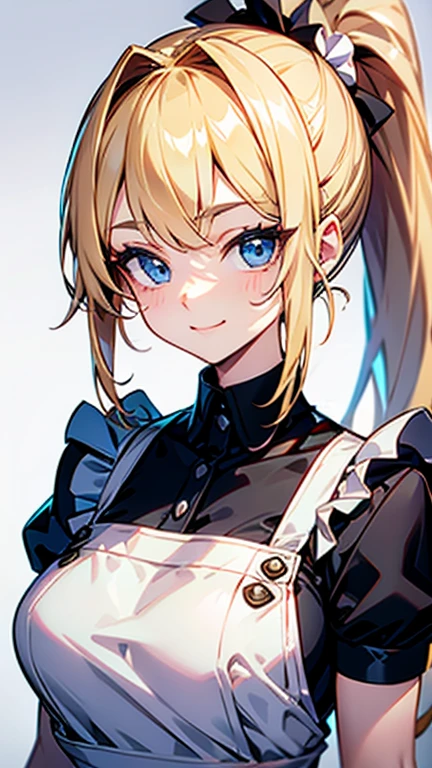 High quality, Best quality , masterpiece, Portrait、、Bright expression、ponytail、Young, shiny, white, glossy skin、Gloss Face、Shining Cheek Gloss、Small Face Beauty、The best beauty、The dazzling light of blonde hair、Bright blonde hair with dazzling highlights、Very beautiful shiny light blonde hair、super long silky straight hair、Her shiny, beautiful bangs are covering her eyes.、Sparkling, clear, attractive, bright, large, pale blue eyes、Very big eyes、eyeliner、very beautiful lovely cute 16 year old girl、young girl, Ample Bust, upper body , (smile:1.2) , (((wearing apron , ponytail )))),in house , huge breast 
