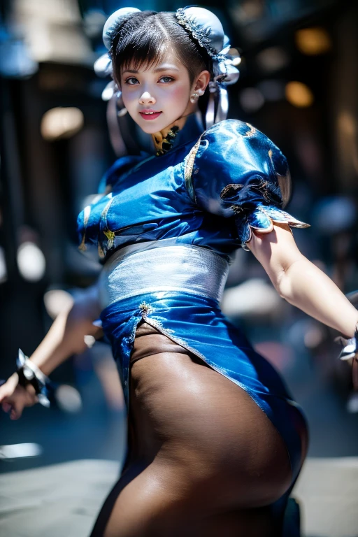 (((High Kick)))、Chun-Li from Street Fight II,The perfect Chun-Li costume,Blue Chinese dress with gold lines,Bun Head,Good cover,Fighting Pose,masterpiece、1 beautiful girl、Fine Eyes、Puffy eyes、highest quality, 超High resolution, (reality: 1.4), Cinema Lighting、Japanese、Asian Beauty、Korean、so beautiful、Beautiful Skin、Body facing forward、Face close-up、(超reality的な)、(High resolution)、(8k)、(Very detailed)、(美しくFine Eyes)、(Very detailed)、 (wall-)、Detailed face、Bright lighting、Professional Lighting、Looking at the audience、Look straight ahead、Diagonal bangs、Nogizaka Idol、Korean Idol、masterpiece, highest quality, masterpiece, highest quality, Perfect Face, Perfect brown eyes with white sclera, Bad move -5, alone, 1 girl, Upper Body, Brown Hair, From SF2, Chinese Language Services, smile, Muscular woman, Blue clothes, pantyhose, Pelvic Curtain, Puff short sleeves, Good cover, sash, evaluation:safety