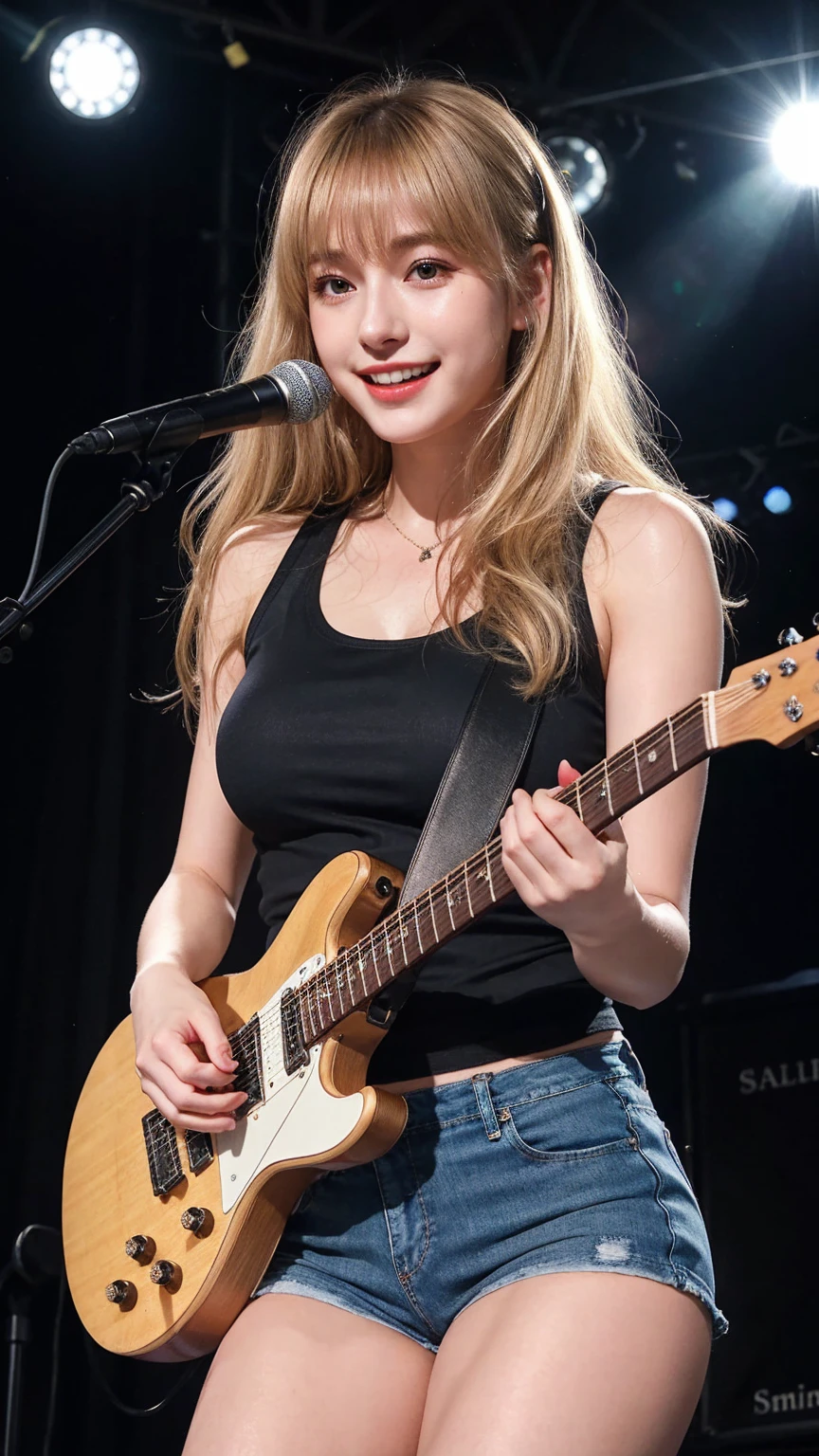 ((best quality)), photorealistic, photorealism, Photorealistic, high resolution、Black t shirt、Short blue jeans、JK Style、smile、Knee-high socks、Thigh-high socks、pantyhose、A superb beauty、Super cute、ennui、Rare beauty、pony tail hair、Black Dark Eyeshadow、Sad、white skin、pale skin、pony tail hair、Dark Gothic Makeup、Cute Smile、Fragrant beauty、Stained glass background、Mastepiece、Best Quality、Refers to 5 books、Sweat glistening on my chest、Sweat glistening on my face、Small breasts、Blonde hair、Age 20 years old、Mysterious look、A sad expression、Blonde Hair、mysterious gothic church、enchanting castle、Sweating profusely all over the body、A lot of sweat and light on the thighs、Shiny thighs、Plenty of sweat glistening on the thighs、A large amount of sweat glistens on my thighs、Sweating profusely、Gal、Medium breasts、beautiful face、Alluring expression、Thin thighs、Playing electric guitar、I have an electric guitar、Sing a song enthusiastically、Playing guitar in a band、Playing guitar chords、Live House Background、Sing a song、Open your mouth、Live house scenery、Mike stand、Glamorous live stage、Dynamic Angle、cinematic lighting