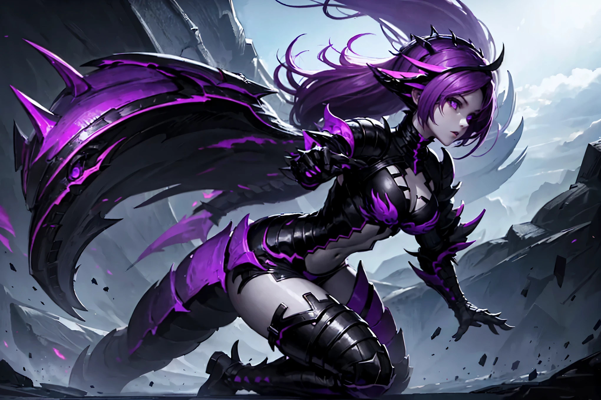 A girl fused with a dragon. image color is black. Purple hair. Bikini armor. A dragon's neck from her shoulder. Scaly armor.