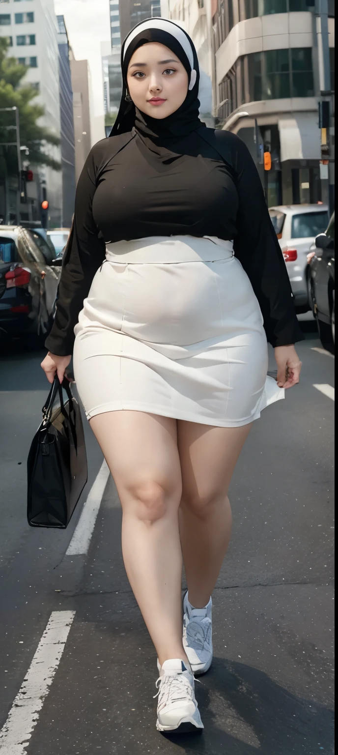 Milky white skin woman in black dress and hijab walking down the street, ,  hijab outfit, ,  hijab fashion model, plus size, plus size woman, ,  woman in black robes, beautiful woman, thicc, black outfit,, bbwchan , white sneakers , Height 170 cm, beautiful woman, with a beautiful appearance, a very beautiful masterpiece, a masterpiece of art, good lighting, Bright colors, Clean lines