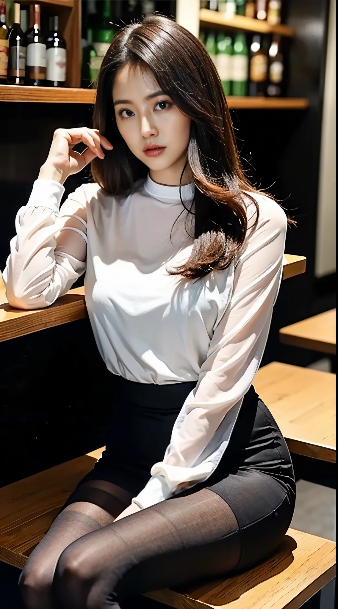 Ulzzang-6500-v1.1, (RAW Photos:1.2), (Photorealistic), (See through:1.3), (Genuine:1.4), 上流階級の魅惑的なwoman、１woman、luxury silk blouse:1.2, (Ultra-realistic pantyhose:1.2), Without skirt、Sit at the bar counter、Crossing your legs、Attractive appearance、