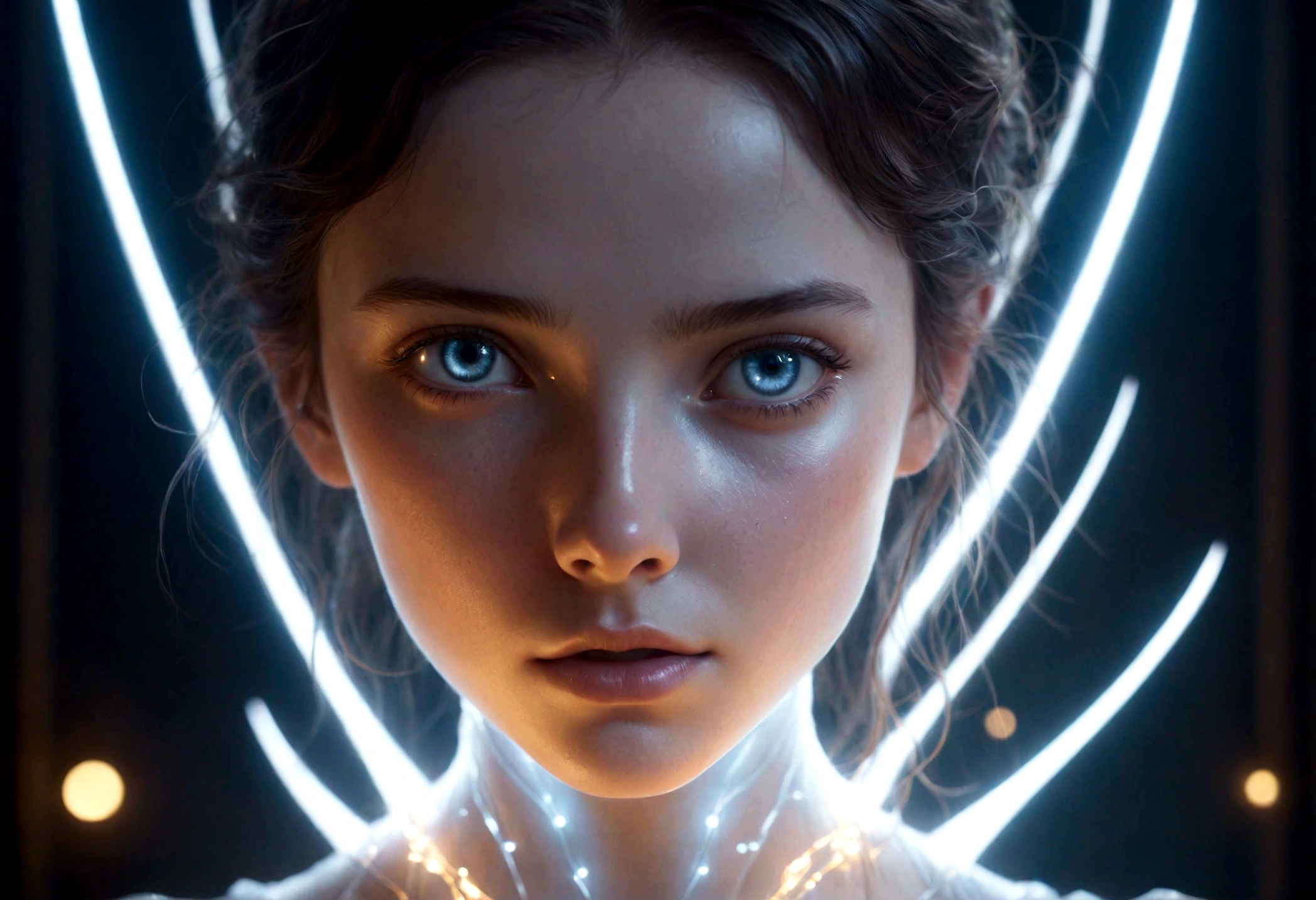 fantchar, a translucent ethereal girl with delicate features in a science fiction setting, brilhando por dentro, Sparks and lights, luar, lua, Close-up, Realistic, altamente detalhado, intrincado