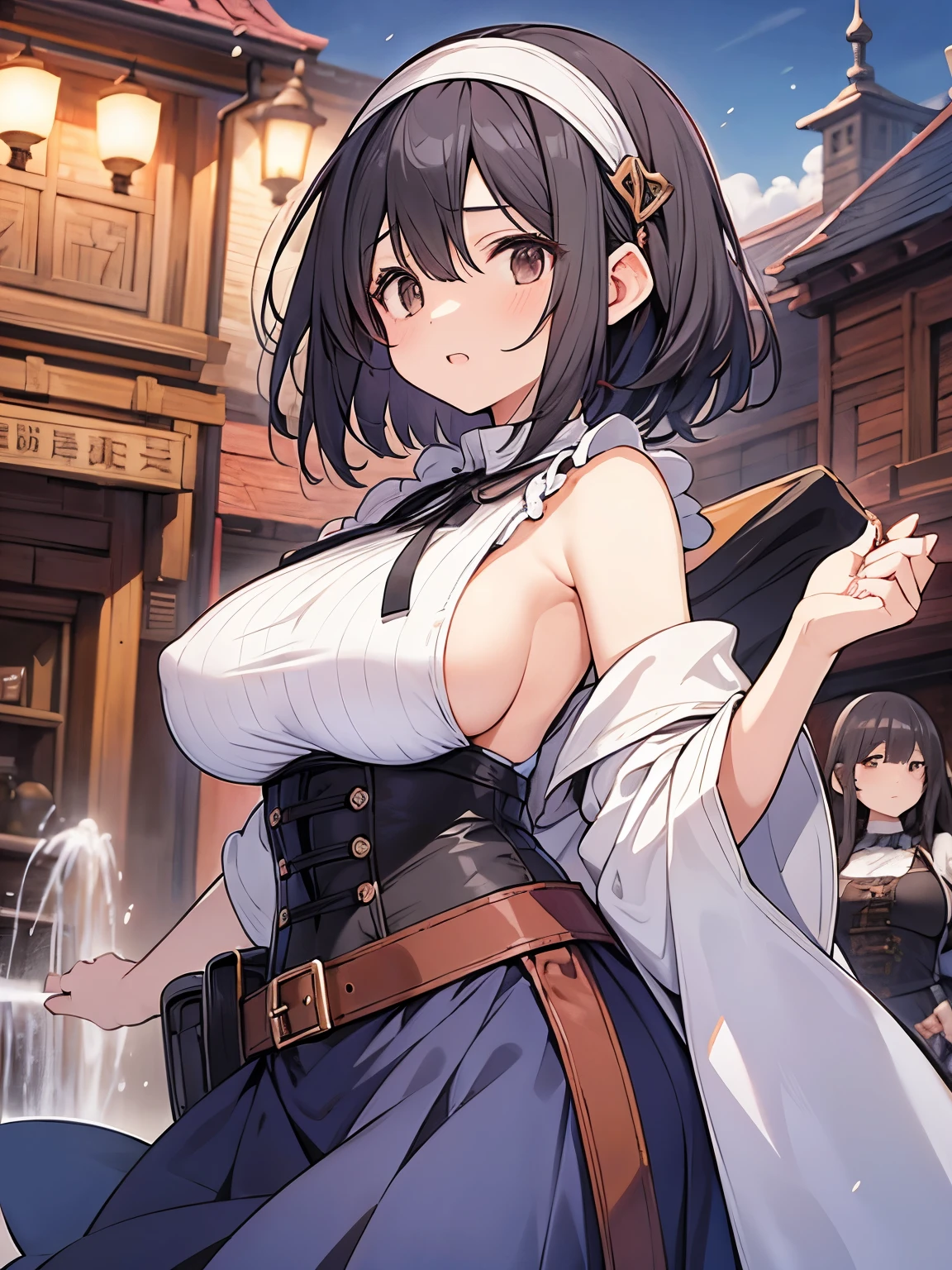 Woman in her 40s、Mother、Black Hair、Brown Eyes、Droopy eyes、Narrow eyes、Medium Bob、Fluffy hair、Hair that bounces out、Hair between the eyes、Disheveled Hair、Shaggy Hair、Glamour、Plump body、Villager、Huge boobs、Sideboob、Open chest tops、Long skirt、Body Harness、apron、Corset belt、剣と魔法のFantasyの世界、Fantasy、Medieval European Village、Square with a fountain、Glossy pink lips、 Detailed anime style、Anime Paint、Digital drawing、Anime Face、high quality、High detail、Ultra-high resolution、Sharpness、Sharp contours、whole body、Perfect Anatomy、Nipple Covers、See-through、No bra、Headband