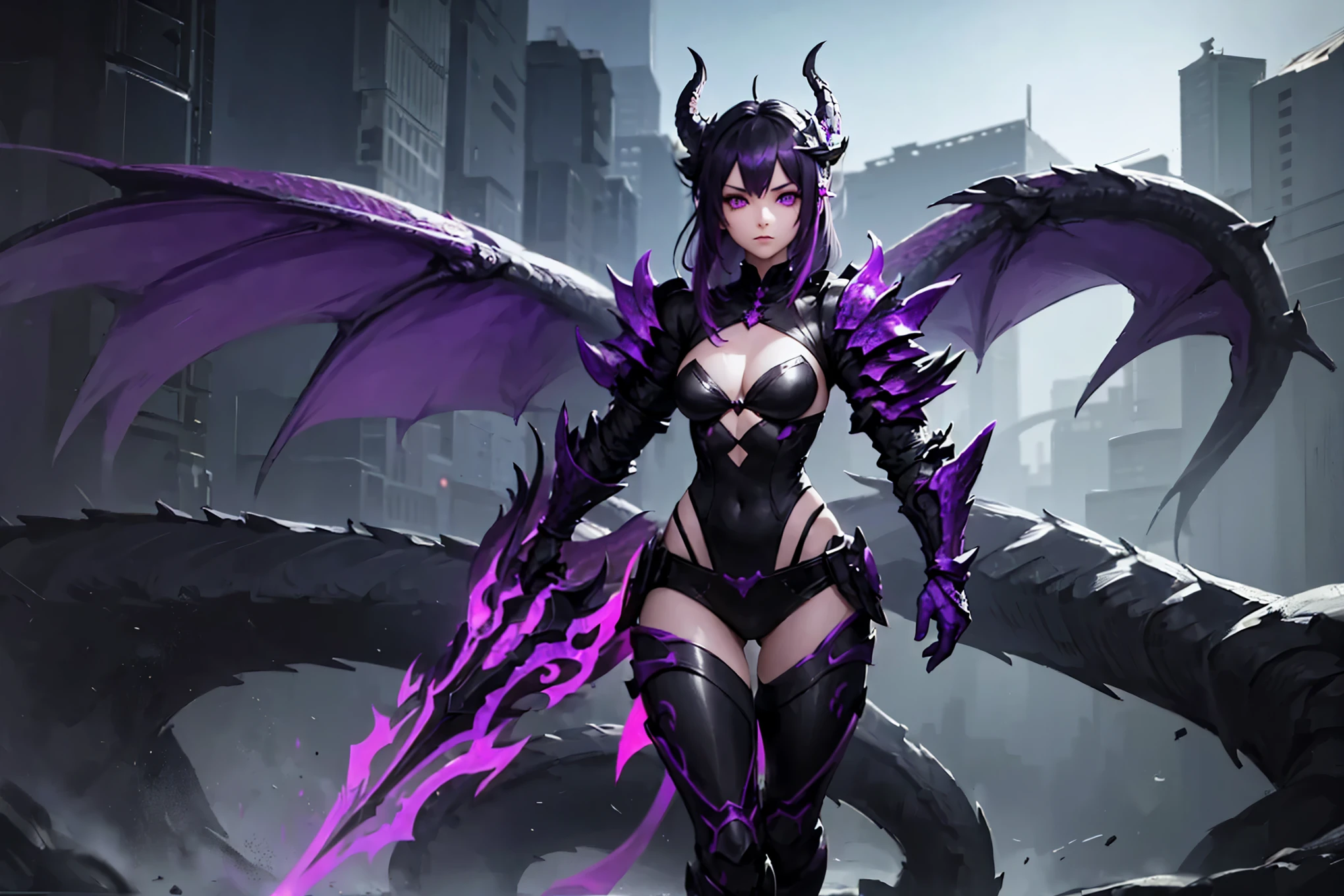 A girl fused with a dragon. image color is black. Purple hair. Bikini armor. A dragon's neck from her shoulder. Scaly armor.
