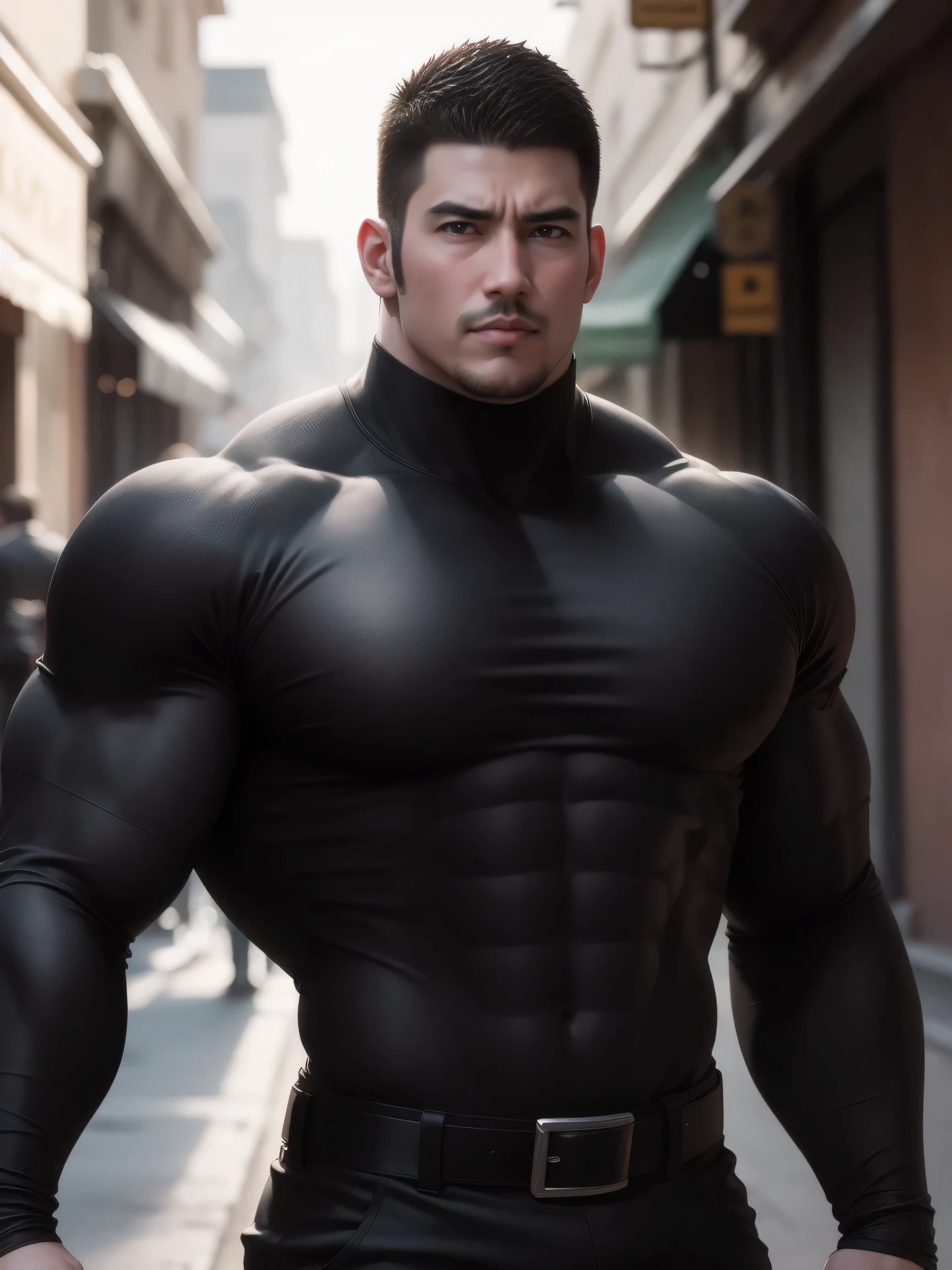 Super muscular man with open mouth moaning,  Buzz Cut，On the old-style outdoor street under the hot sun, Wear a long-sleeved, deep turtleneck bodysuit, Thickened warm elastic texture，Clothes are very dirty with mud stains，The expression is arrogant, Thick thighs, Messy hair, Thick thighs, High-necked long-sleeved dark yellow high-necked tights, very tight, Regular symmetrical pattern, Highlight muscles, Police uniform pants, character concept（Resident Evil - Chris Redfield, Chris Redfield）A proud expression, Deep and charming eyes, Heroic male pose, tall Burly, muscular！muscular thighs, tough guy, perfect facial features, High, Burly, Heqiang, Super polished and cool, High Resolution Committee, Charismatic, The sun is blazing, dazzling