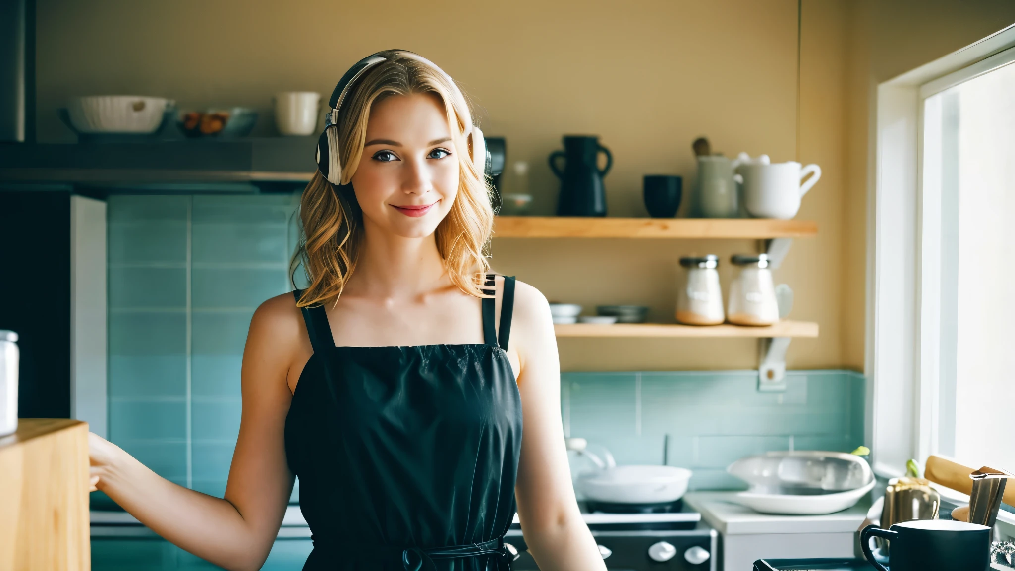 Beautiful blonde in a black dress (Preparing breakfast in the kitchen in the morning),Wearing headphones,Very detailed, 21 years old, Innocent face, Naturally Wavy Hair, blue eyes, High resolution, masterpiece, highest quality, Intricate details, Very detailed, Clear focus, Delicate skin, practical skin texture, texture, Delicate eyes, Professional, 4K, Cute Smile, Shot with Canon, 85mm, Shallow and deep, Kodak Vision Color, Exactly, Very detailed, photograph_\(Extremist\), photographpractical, practical, Post-processing, Maximum details, Roughness, Real Life, Extremist practical, Photorealism, photographgraphy, 8K Ultra HD, photographgraphy