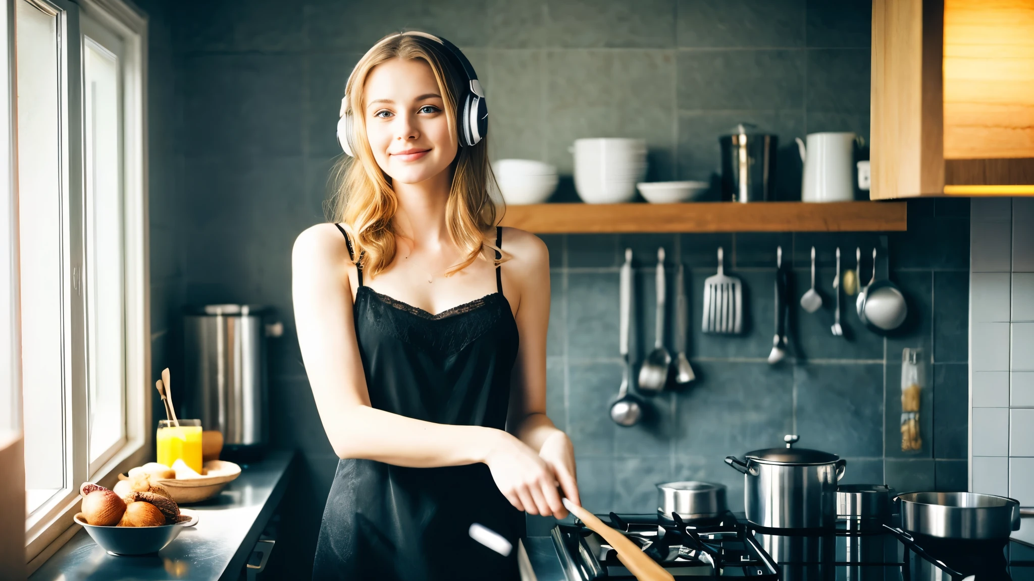 Beautiful blonde in a black dress (Preparing breakfast in the kitchen in the morning),Wearing headphones,Very detailed, 21 years old, Innocent face, Naturally Wavy Hair, blue eyes, High resolution, masterpiece, highest quality, Intricate details, Very detailed, Clear focus, Delicate skin, practical skin texture, texture, Delicate eyes, Professional, 4K, Cute Smile, Shot with Canon, 85mm, Shallow and deep,  Kodak Vision Color, Exactly, Very detailed, photograph_\(Extremist\), photographpractical, practical, Post-processing, Maximum details, Roughness, Real Life, Extremist practical, Photorealism, photographgraphy, 8K Ultra HD, photographgraphy