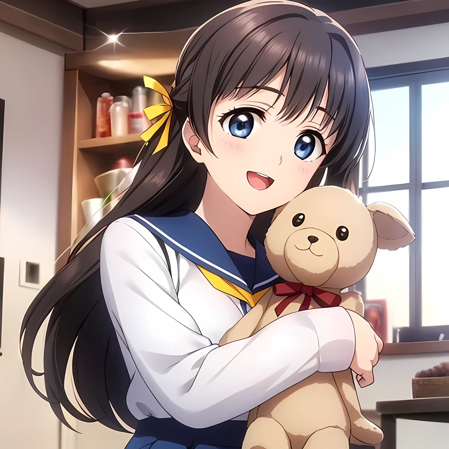 (highest quality, masterpiece:1.2), highest quality, High resolution, 1080p, 8K, Game heroine CG, Height: 158cm, ((A beautiful game heroine is hugging and kissing a small stuffed animal)), A face that everyone loves, Glossy lips, Even bangs, Double, Long eyelashes on both the top and bottom, Smiling blue eyes, The very large and thick yellow ribbon bowtie is very cute., ((Black Hair)), Beautiful, shiny, long black hair, ((A long, neat, dark navy pleated skirt)), (((A long-sleeved navy blue sailor uniform for winter, all dark blue in color))), ((Navy blue jacket)), Smiling, slightly open mouth like a game heroine, Ribbon in hair, Tight waist, The background is a blank white space, ((Blur the background))