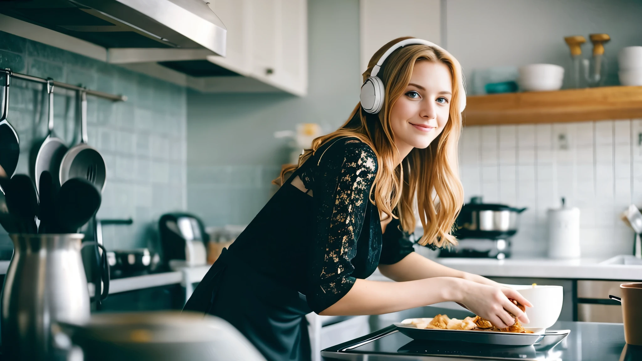 Beautiful blonde in a black dress (Preparing breakfast in the kitchen in the morning),Wearing headphones,Very detailed, 21 years old, Innocent face, Naturally Wavy Hair, blue eyes, High resolution, masterpiece, highest quality, Intricate details, Very detailed, Clear focus, Delicate skin, practical skin texture, texture, Delicate eyes, Professional, 4K, Cute Smile, Shot with Canon, 85mm, Shallow and deep,  Kodak Vision Color, Exactly, Very detailed, photograph_\(Extremist\), photographpractical, practical, Post-processing, Maximum details, Roughness, Real Life, Extremist practical, Photorealism, photographgraphy, 8K Ultra HD, photographgraphy