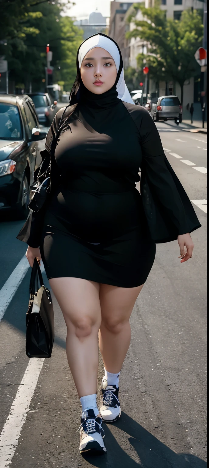 Milky white skin woman in black dress and hijab walking down the street, , hijab outfit, , hijab fashion model, plus size, plus size woman, , woman in black robes, beautiful woman, thicc, black outfit,, bbwchan , white sneakers , Height 170 cm, beautiful woman, with a beautiful appearance, a very beautiful masterpiece, a masterpiece of art, good lighting, Bright colors, Clean lines