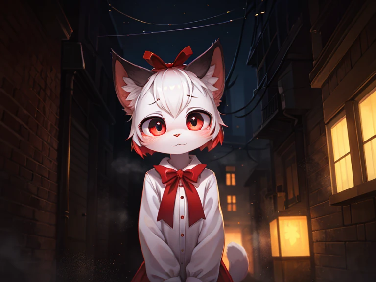 Hallucination, daydream , bokeh , A dense foggy Alley leading to purgatory , White face, big eyes and a red ribbon , Smooth and soft fur , hell kitty 