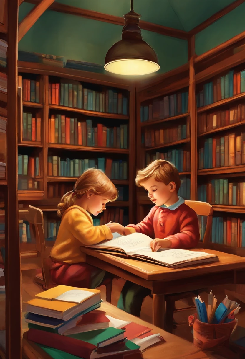 Picture of cartoon children studying at the library