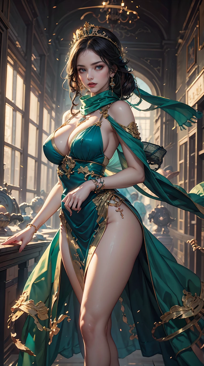 Woman in a blue dress with a long green scarf, Beautiful character drawings, Beautiful Fantasy Empress, by ヤン・J, style of ArtJam, ArtJam and ruan jia, extremely detailed ArtJam, trending ArtJam, ArtJam. Anime illustration, ruan jia and ArtJam, Inspired by Fuhua, ArtJam detailed