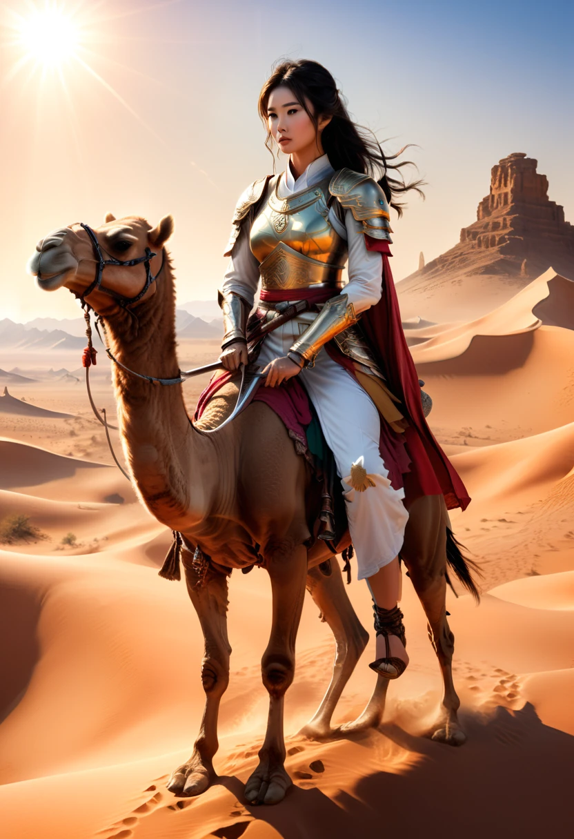 an Asian female warrior wearing lightweight armor and a long robe rides a camel in the desert, holding a long sword and cautiously observing the surroundings. The background is endless desert and scorching sunshine, (masterpiece, best quality, Professional, perfect composition, very aesthetic, absurdres, ultra-detailed, intricate details:1.3)