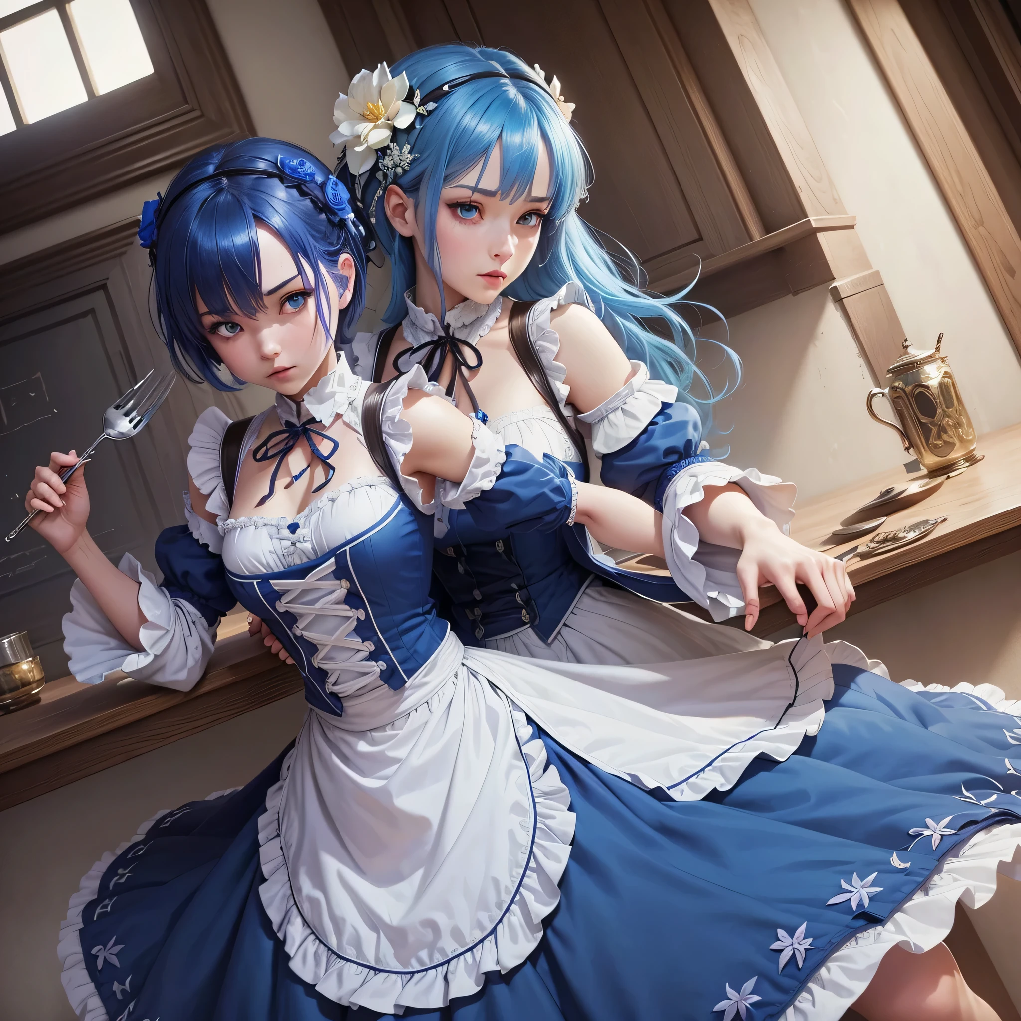 (highest quality:1.2, Very detailed, Latest, Vibrant, Super Detail, Ultra-high resolution, High Contrast, masterpiece:1.2, highest quality, Best aesthetics), 1 Woman :rem \(re:zero\), blue eyes, blue hair, hair ornament, hair over one eye, hair ribbon, short hair, x hair ornament, nayutaren, blue hair, roswaal mansion maid uniform, small breasts, detached sleeves, neck ribbon, hair flower, roswaal mansion maid uniform, Dynamic Angle, Random Pause, Cowboy Shot,