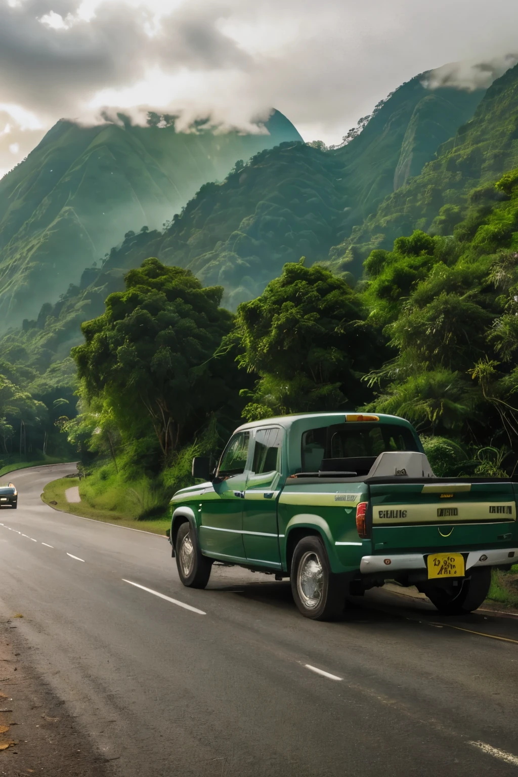 The image presents a captivating road journey through a vibrant, emerald-green countryside. The road, gracefully meandering with a striking, solid yellow divider and subtle, white-broken edges, accommodates a fleet of vehicles including a gleaming white pickup truck, stationed in the foreground, and a few distant automobiles proceeding along.

The verdant scenery unfolds on both sides of the road, with towering trees and tall grasses forming a lush, picturesque panorama. In the distance, a range of mountains are partially obscured by wisps of clouds and mist, creating an enchanting, tranquil atmosphere. The sky is awash