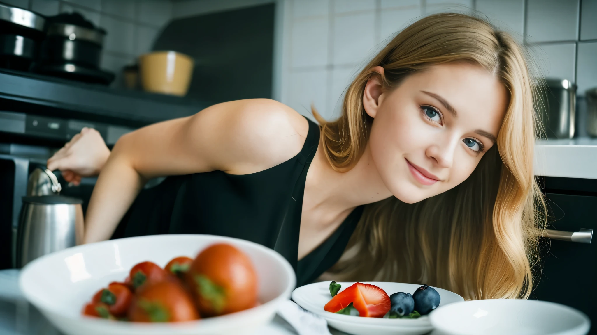 Beautiful blonde in a black dress (Preparing breakfast in the kitchen in the morning),Wearing headphones,Very detailed, 21 years old, Innocent face, Naturally Wavy Hair, blue eyes, High resolution, masterpiece, highest quality, Intricate details, Very detailed, Clear focus, Delicate skin, practical skin texture, texture, Delicate eyes, Professional, 4K, Cute Smile, Shot with Canon, 85mm, Shallow and deep,  Kodak Vision Color, Exactly, Very detailed, photograph_\(Extremist\), photographpractical, practical, Post-processing, Maximum details, Roughness, Real Life, Extremist practical, Photorealism, photographgraphy, 8K Ultra HD, photographgraphy