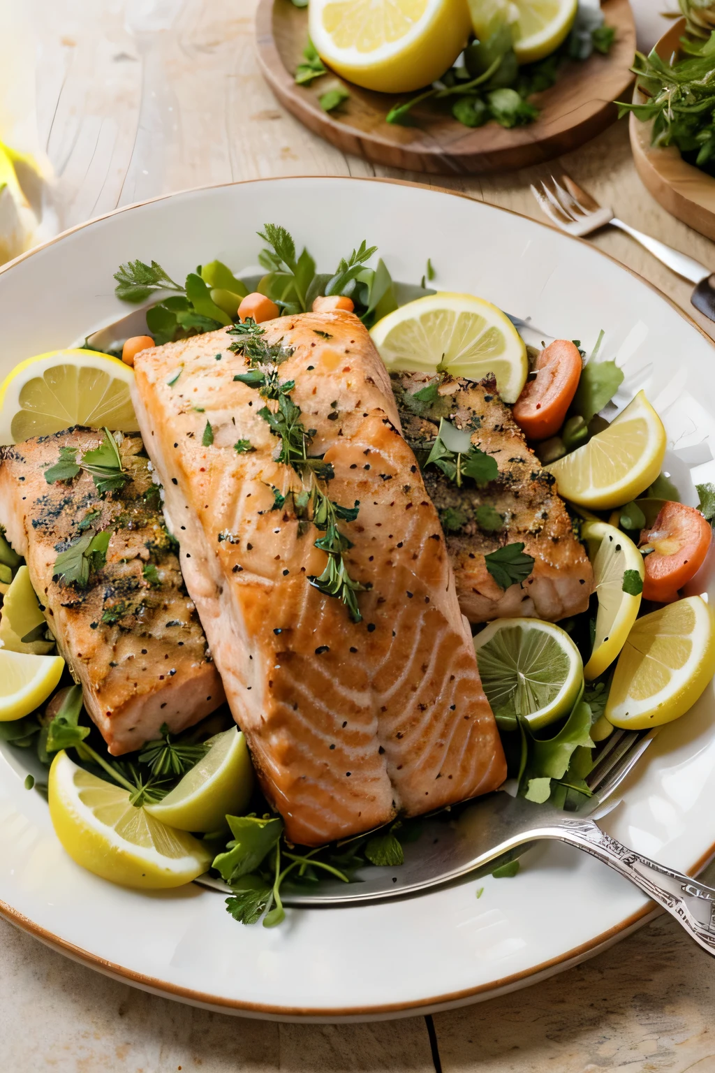 (best quality, 8K, 32k, masterpiece, UHD:1.2), highly realistic image of baked salmon with herb crust, succulent and flaky salmon fillet, golden-brown herb crust visible, garnished with fresh herbs and lemon slices, wooden cutting board or plate presentation, bright natural lighting, (delicious and flavorful:1.2), sharp details, clean and appetizing atmosphere, focus on the salmon, minimal background"