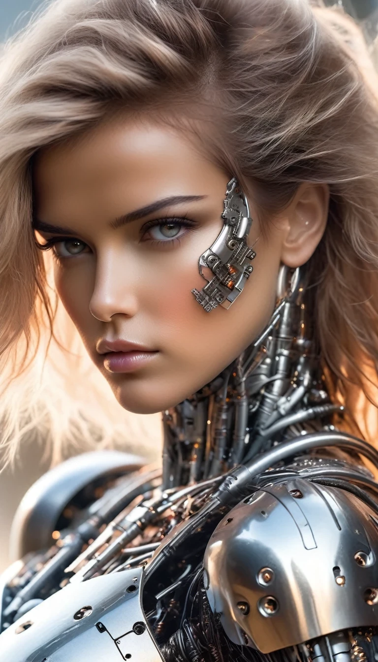 Beautiful Terminator female warrior in robot costume, photographic detail, Angra Kei, modcore, soft focus realism, fluffy beautiful hair, clear plastic armor, perfect natural skin tone, exaggerated, precise.