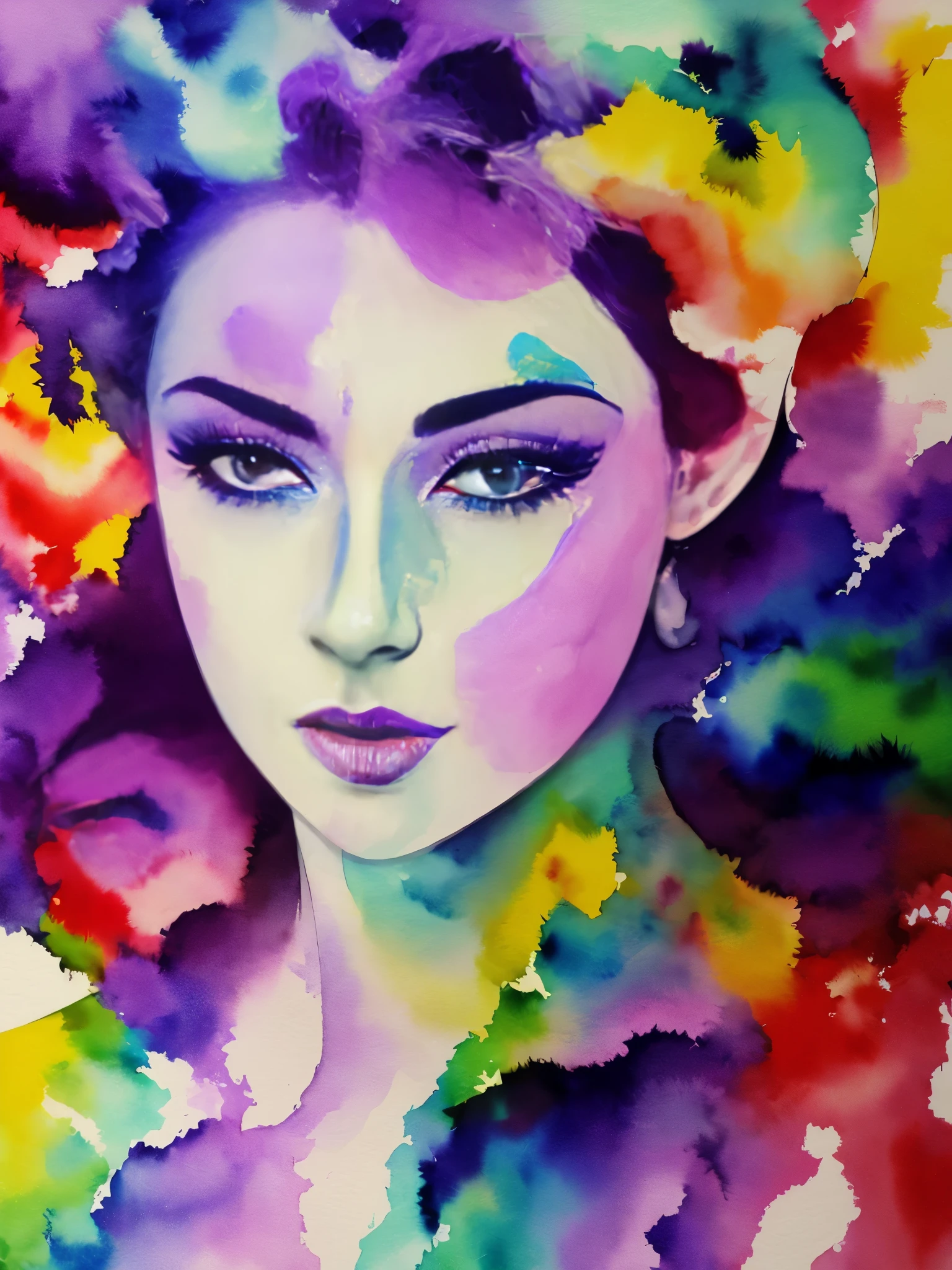 Painting of a woman with a purple and white face, Sylvia Pelissero watercolors, tumbler, abstract art, Intense watercolor painting, watercolor detailed art, Watercolor Splash, surreal, Avant-garde pop art, Beautiful and expressive paintings, Beautiful artwork illustration, very colorful tones, wonderful, cool beauty, highest quality,official art, women only, sharp outline, best shot, vector art
