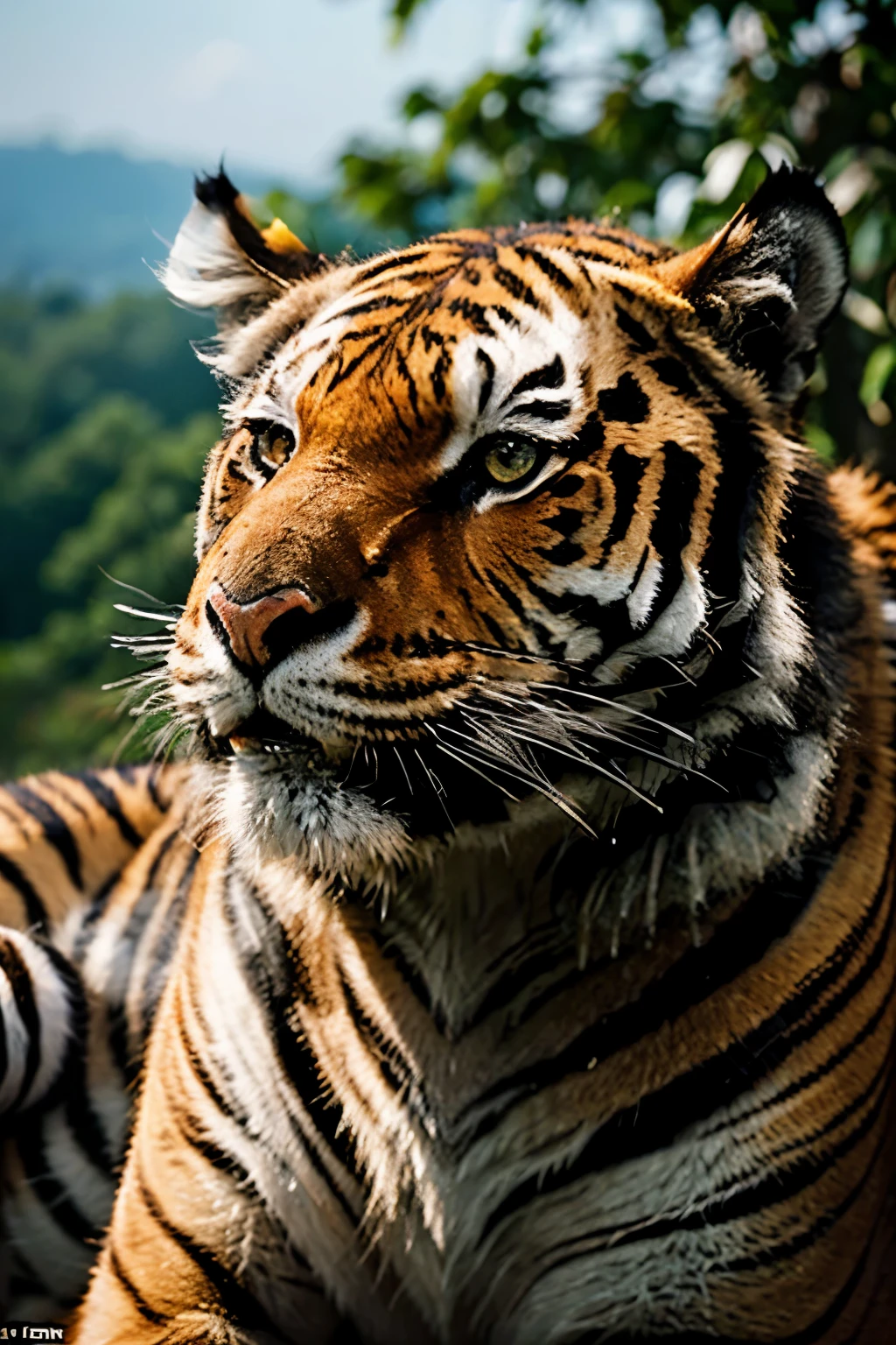 Stunning cinematic photograph of a majestic tiger, displaying a proud and powerful stance, golden eyes gleaming with intelligence and strength. The tiger's orange and black fur is intricately detailed, each stripe a testament to the precision of the high-budget, epic Hollywood film production. The shallow depth of field creates a hazy, dreamlike atmosphere, contrasting with the sharp focus on the tiger's regal visage. The tiger's mane, a cascade of fur, frames its face perfectly, adding to the overall sense of grandeur. The tiger's nose is sharp and defined, while its teeth are bared slightly, showcasing its pre