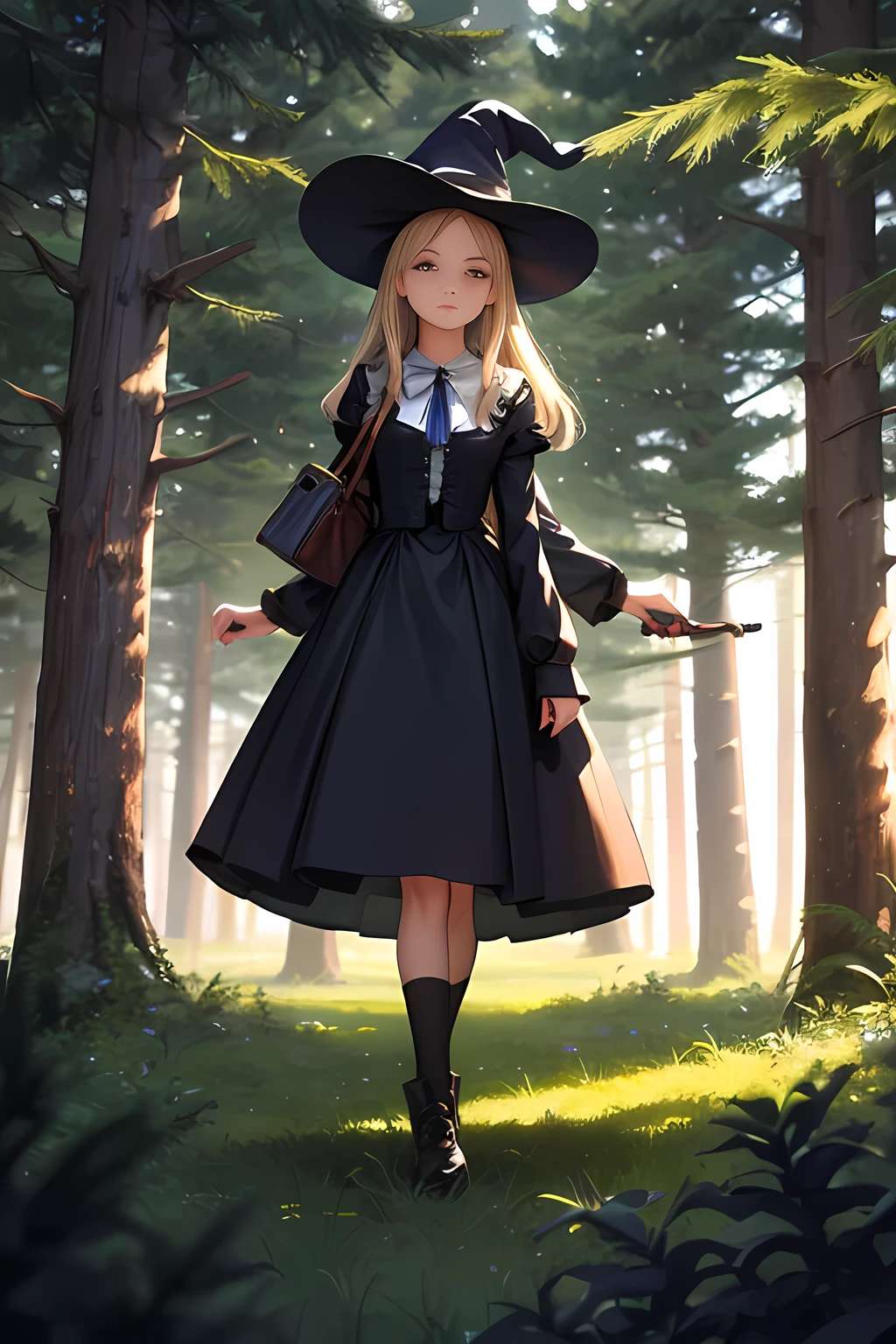 The girl wanders in the witch's forest, surrounded by tall pine trees and dim lights.