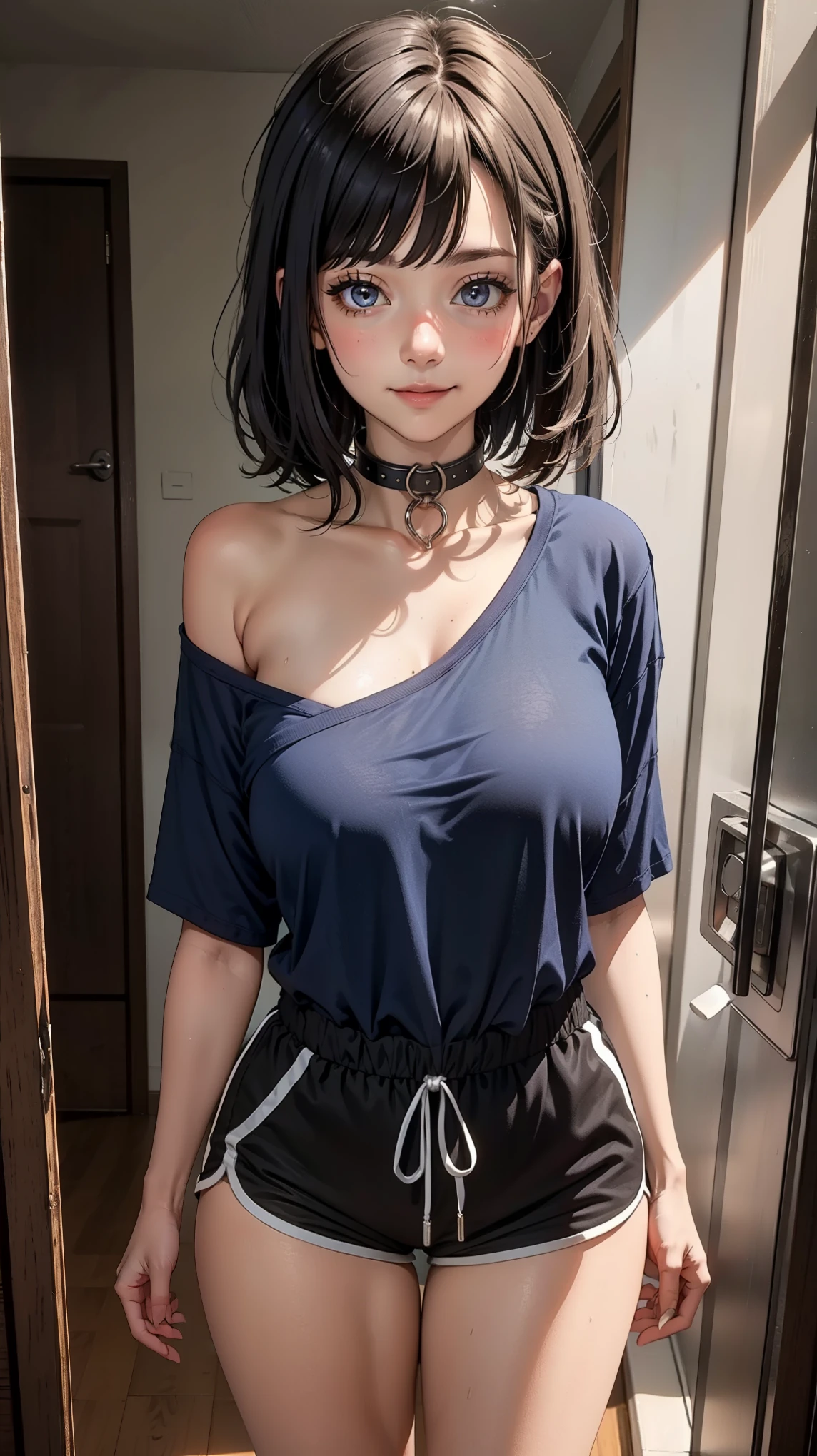 (Adult woman), 37 years old, medium hair, dark hair, masterpiece, narrow waist,huge breast, blush, detail body, indoor, detail eyes, cg, standing, smile, (from front), dolphin shorts, (single bare shoulder shirt short), metal collar
