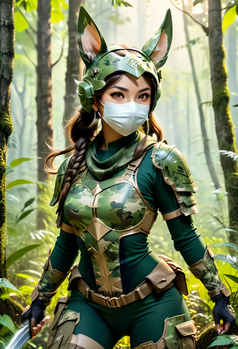In the deep forest, a female warrior dressed in camouflage attire, wearing a face mask and ears pressed against the ground, preparing to launch a sudden attack, with a background of lush forests, mid shot, (masterpiece, best quality, Professional, perfect composition, very aesthetic, absurdres, ultra-detailed, intricate details:1.3)