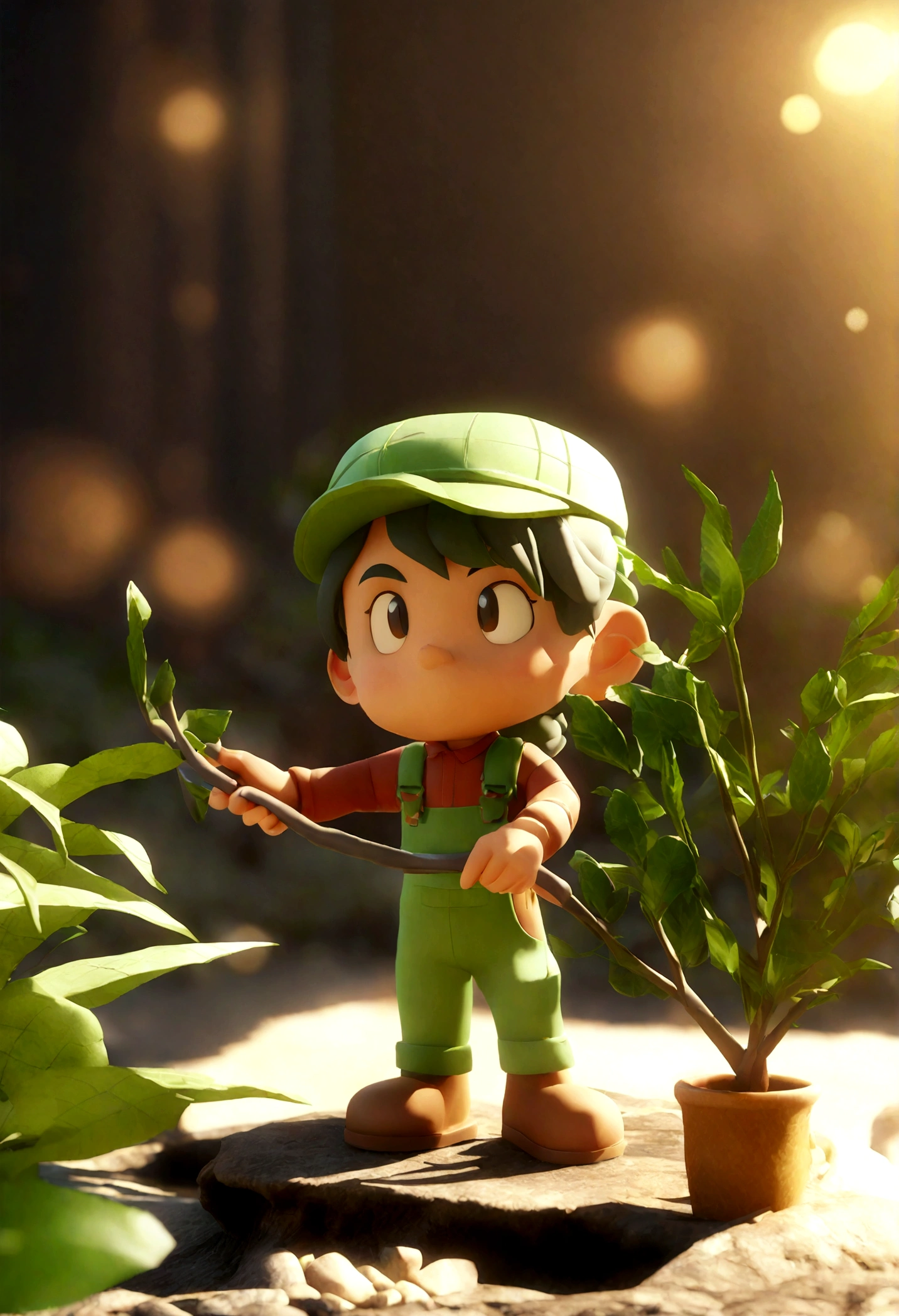 A gardener tending a lush garden,He carefully pruned each branch.,Remove weeds,Ensure that trees can fully absorb sunlight and nutrients。一個戴著黑眼鏡和藍色襯衫的男人的Cartoon Characters, Animated Characters, Stylized characters, Animation style rendering, 3D stylization, Arnold Maya Rendering, 3D rendering style, Cartoon Rendering Keyshot, 3D Characters, 3D rendering style, 3D character rendering, Cartoon Characters, Close-up characters, Character poses, Pixar style, Main part:1.2, Bokeh, best quality, Delicate skin, Detailed texture, 8K, Clay, movie lighting, Clear focus: A gardener tending to a lush garden, carefully pruning each branch, removing weeds, and ensuring the trees get enough sunlight and nutrients. -0001