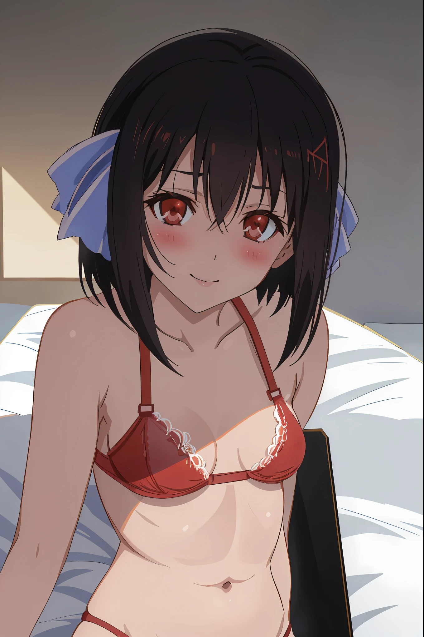 nsfw,Tomomi_Xijing,red eyes,black hair,Short hair,bob cut,Hair Ribbon,,NSFW,1girl in,(lying),short torso,anime screen cap,Flat color,cel shading,blush,seductive smile,(strong light),((brighten the subject)),[red panties],[red bra],[perfect anatomy],(lingerie) break background bedroom,bed