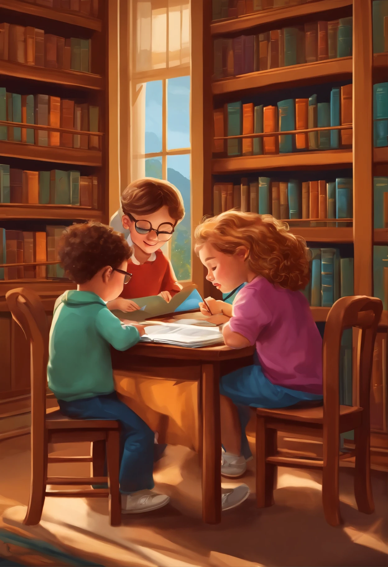 Picture of cartoon children studying at the library