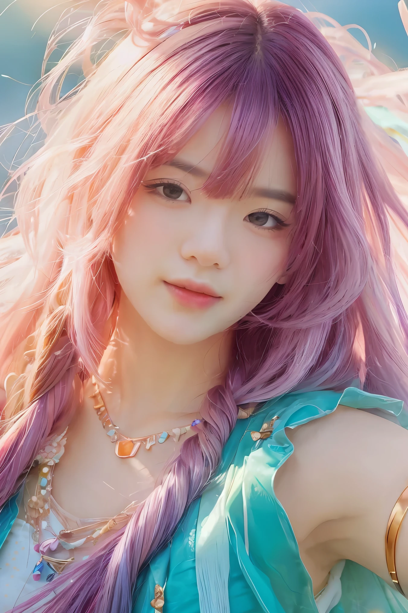 Close-up of a woman with colorful hair and necklace, anime girl with cosmic hair, soft vitality of Rossdraws, artwork in Guvez style, fantasy art style, colorful], vibrant fantasy style, Rossdraws cartoon full of vitality, universe and colorful, Guweiz, colorful digital fantasy art, stunning art style, beautiful anime style, white skin, Hulk clothes