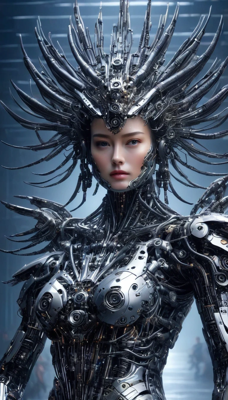 lithe beautiful terminator female runway model dressed in a robotic outfit, photographic detail, angura kei, modelcore, soft-focused realism, tousled beautiful hair, clear plastic armor, perfect natural complexion, hyperbole, precisionist -