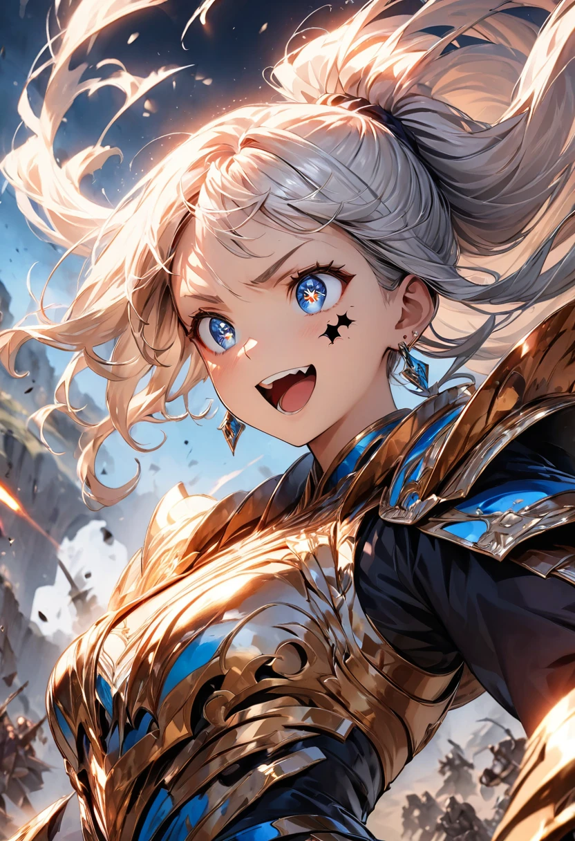 (highest quality:1.2, Very detailed, up to date, Vibrant, Ultra-high resolution, High Contrast, masterpiece:1.2, highest quality, Best aesthetics), (((1 girl))), Woman wielding a large sword, Luxurious Armor, Flowing hair, intense expression, Intense battle scenes, Dramatic lighting, Bright colors, Powerful strokes, Silver Hair, High Ponytail, Wavy Hair, blue eyes, jewelry, Earrings, (((Expression of fine eyes:1.2, Beautiful Skin, Detailed facial expressions))), Flowing hair, (Crazy Smile, Sparkling eyes), Heroic figures, Detailed armor and weapons, Dynamic pose, War-torn landscape background,whole body