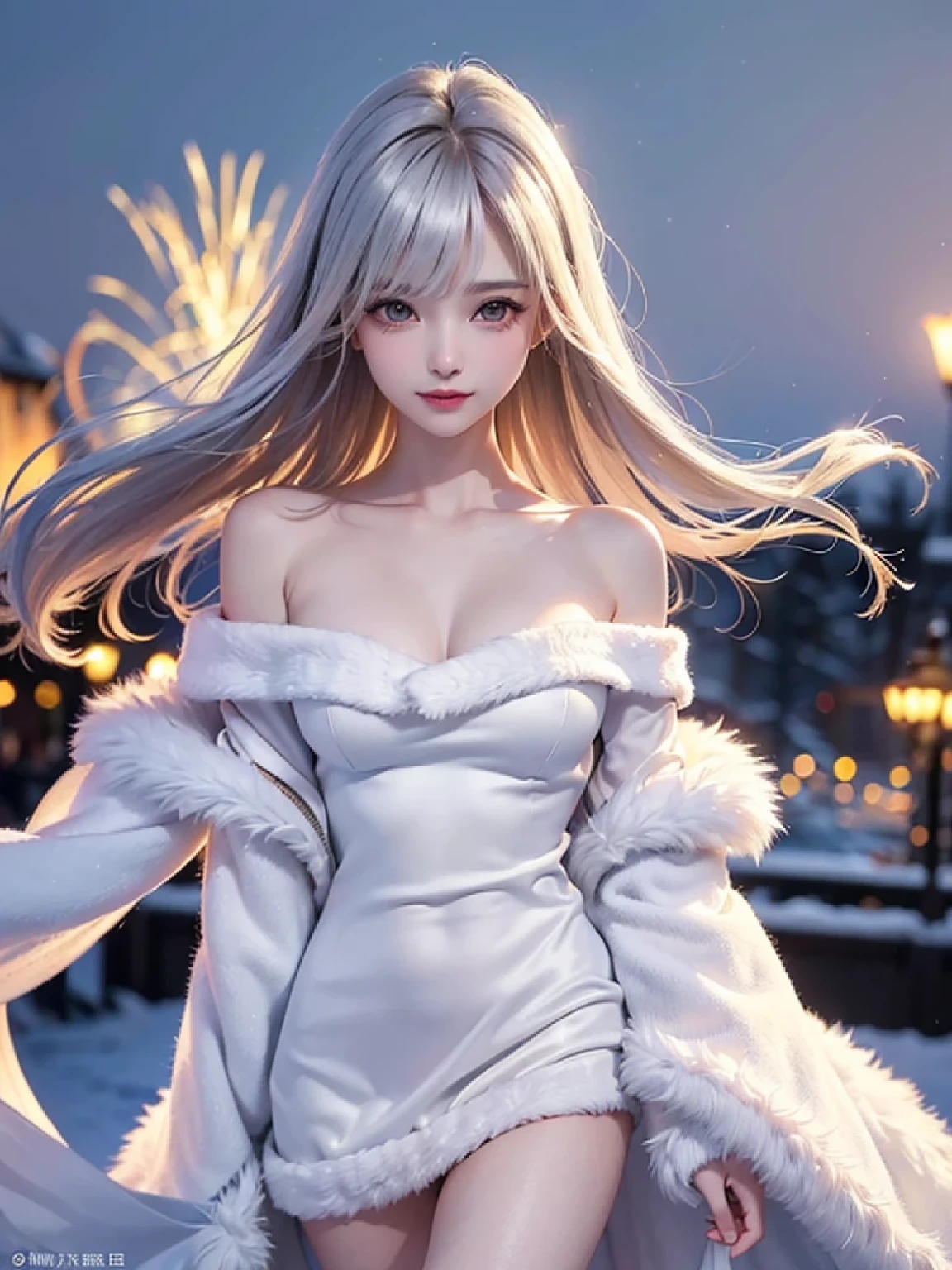 ((masterpiece:1.5、8k、Portrait、Photorealistic and very detailed CG、Very detailed、Particle Effects、Dynamic Effects、Shallow depth of field、Cinematic Light、Lens flare、Ray Tracing、Tabletop、Realistic:1.4、超A high resolution:1.2、Realistic、Realistic))((alone、,Woman wearing an off-the-shoulder fur sweater:1.4、Elegant woman posing、Detailed face、brightexpression、young, bright, Whiter skin、Ample breasts、Best Looks、Ultimate beauty、Shiny silver hair with highlights、Bright and shiny hair,、Super long, Silky straight hair、Hair dancing in the wind))(morning、The setting is outdoors in the snow、Surrounded by illuminations)
