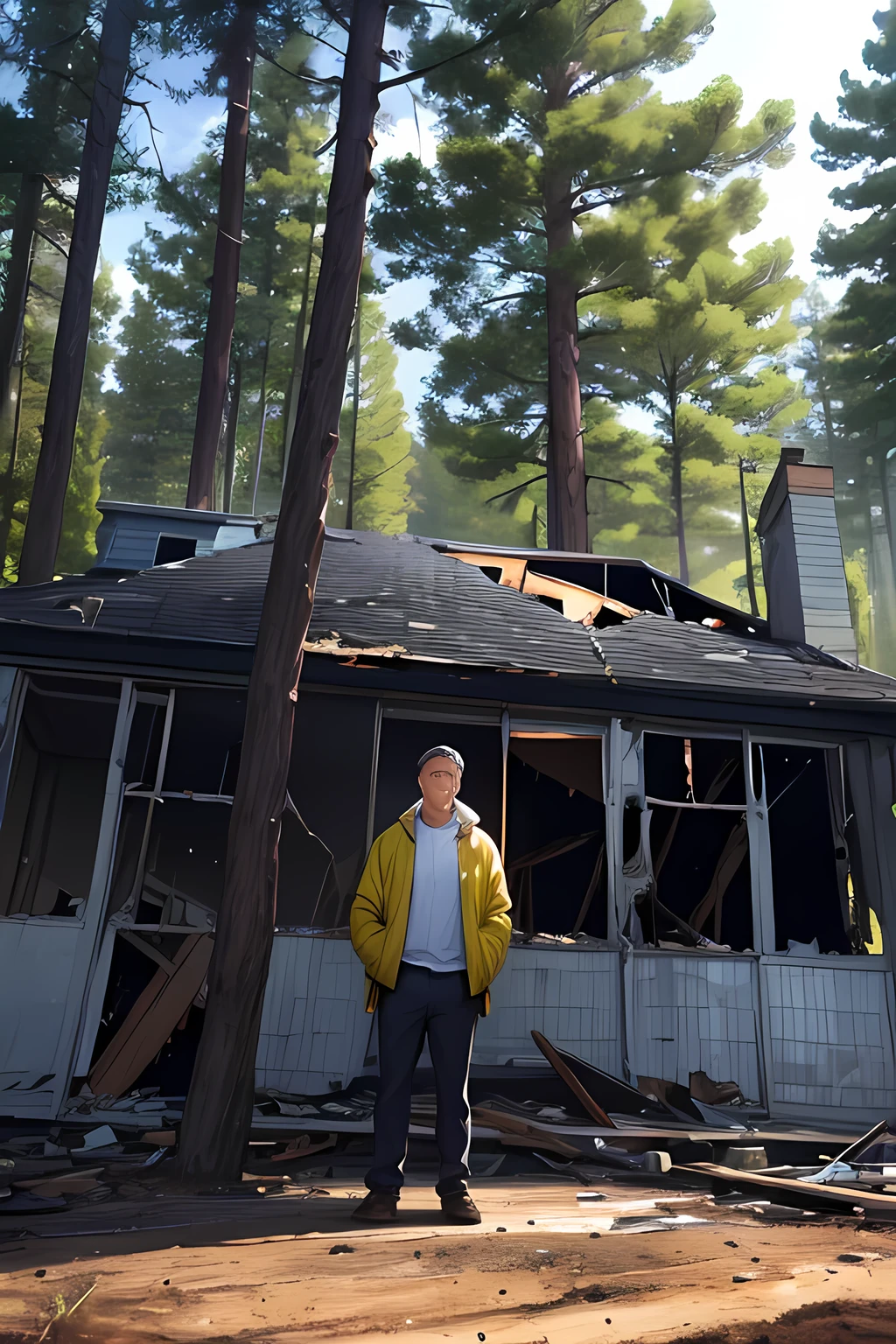 A sad man standing in front of a burnt down home in a forest, stunning details, 8k