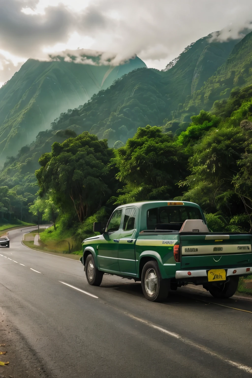 The image presents a captivating road journey through a vibrant, emerald-green countryside. The road, gracefully meandering with a striking, solid yellow divider and subtle, white-broken edges, accommodates a fleet of vehicles including a gleaming white pickup truck, stationed in the foreground, and a few distant automobiles proceeding along.

The verdant scenery unfolds on both sides of the road, with towering trees and tall grasses forming a lush, picturesque panorama. In the distance, a range of mountains are partially obscured by wisps of clouds and mist, creating an enchanting, tranquil atmosphere. The sky is awash