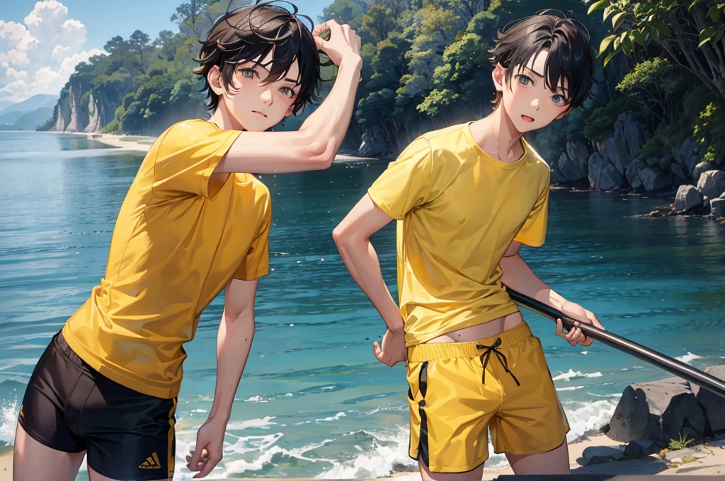 (Various poses)、Realistically，18-year-old boy.Crotch adhesion，Wear a yellow T-shirt、Wearing tight fitting shorts、Seabread,forest ，Face Real，Face Zoom，swells a little, cute boy,thin body, pretty boy,(1 boy)