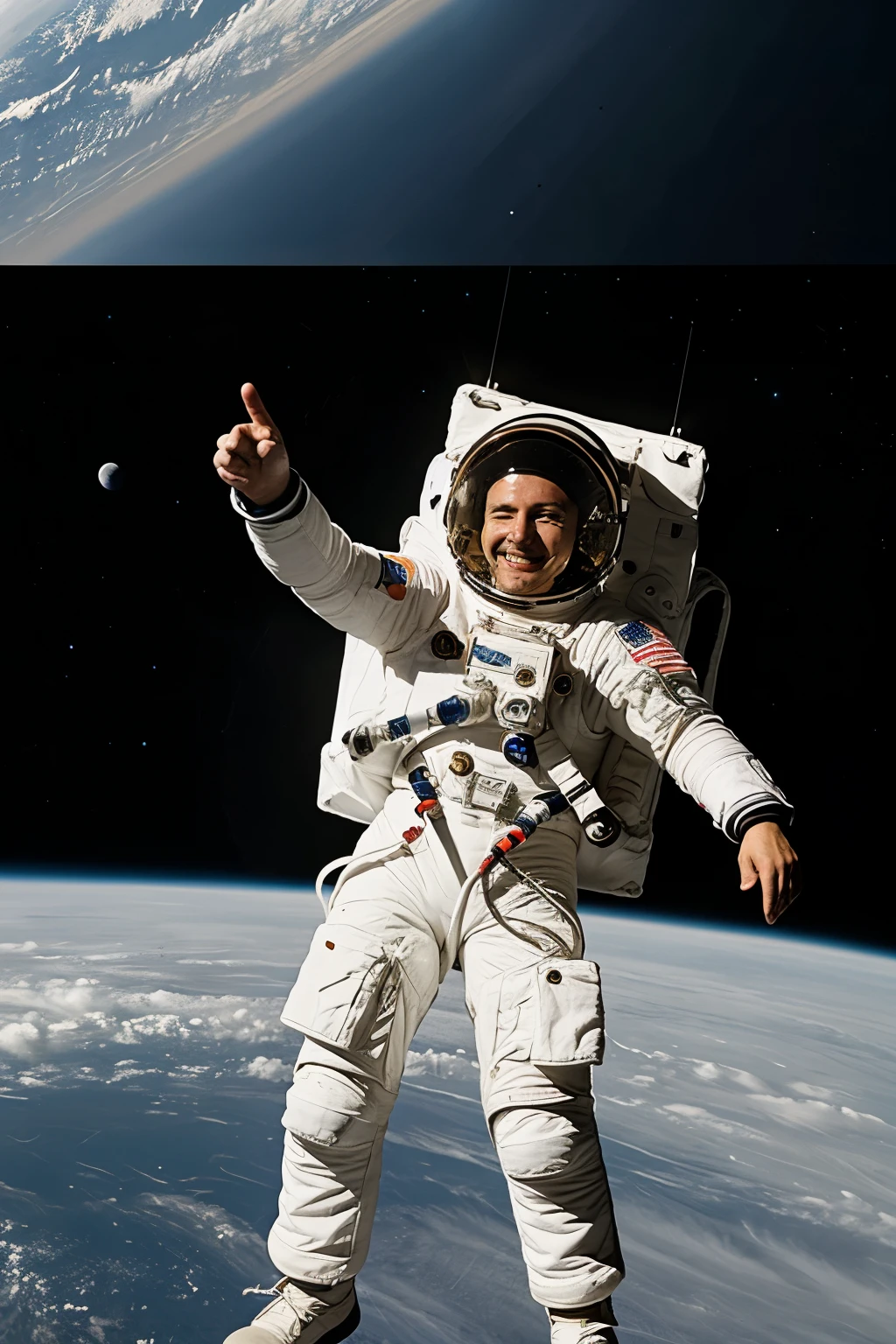  I would like to ask you for a cartoon with 6 images of the same astronaut in different positions and gestures.. 

1. Astronauta de pie, saludando.
2. Astronauta flotando en el espacio, con una sonrisa.
3. Astronauta caminando en la luna, mirando hacia adelante.
4. Astronauta sentado, con las piernas cruzadas, pensando.
5. Astronaut pointing something with enthusiasm.
6. Astronauta con los brazos abiertos, como si estuviera dando un abrazo.



