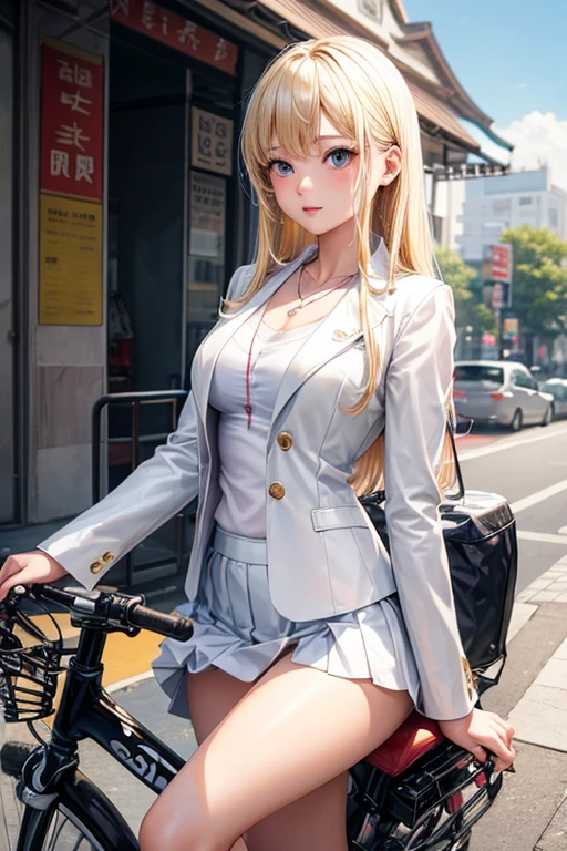 asian girl in a white suit leaning on a bike next to a bike, 1girl, solo, ground vehicle, underwear, bicycle, panties, necklace, jewelry, day, skirt, white panties, blonde hair, breasts, looking at viewer, bra, jacket, long hair, sky, riding
