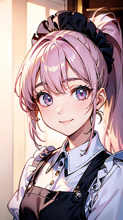 High quality, Best quality , masterpiece, Portrait、、Bright expression、ponytail、Young, shiny, white, glossy skin、Gloss Face、Shining Cheek Gloss、Small Face Beauty、The best beauty、The dazzling light of pink hair、Bright hair with dazzling highlight、super long silky straight hair, beautiful bangs are covering her eyes, clear, attractive, bright, large, light silver eyes、Very big eyes、eyeliner、very beautiful lovely cute 16 year old girl、young girl, Ample Bust, upper body , (smile:1.2) , (((wearing apron , ponytail )))),in house