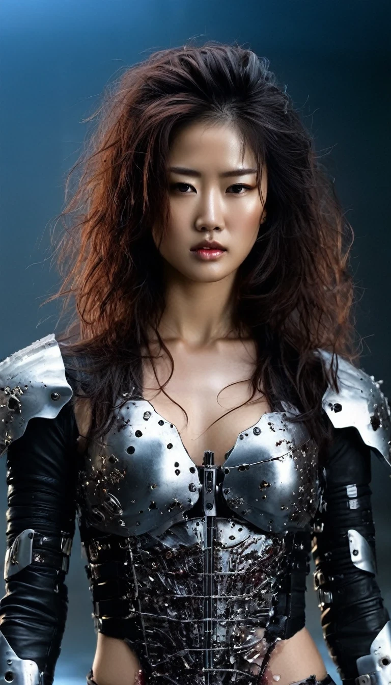 Female warrior in half-machine, covered in stab wounds, bleeding.
Physically lithe and beautiful terminator, runway female model, photographic detail, Angela Kei, model core, soft focus realism, fluffy beautiful hair, clear plastic armor, perfect natural skin tone, exaggerated, precisionist