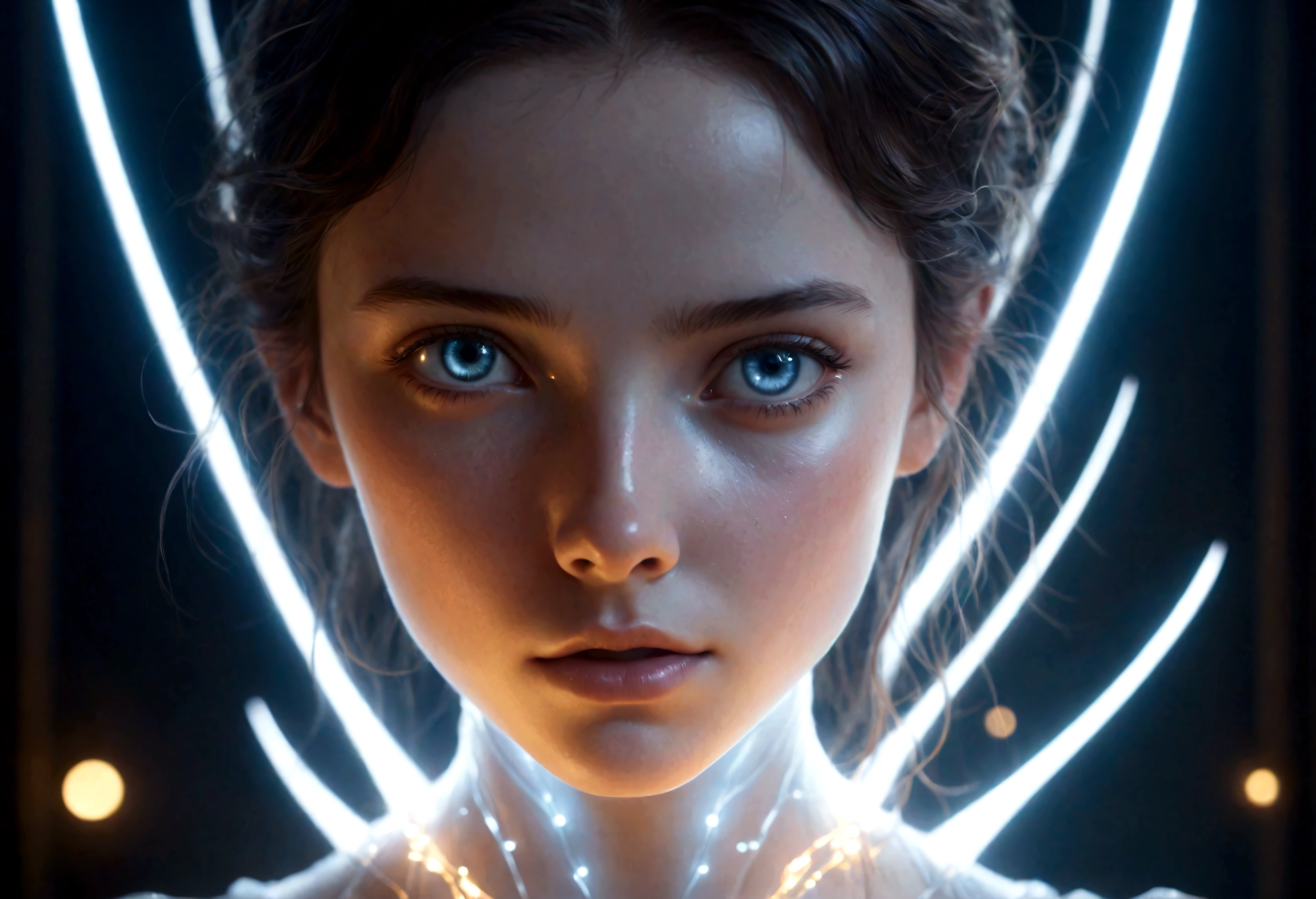 fantchar, a translucent ethereal girl with delicate features in a science fiction setting, brilhando por dentro, Sparks and lights, luar, lua, Close-up, Realistic, altamente detalhado, intrincado