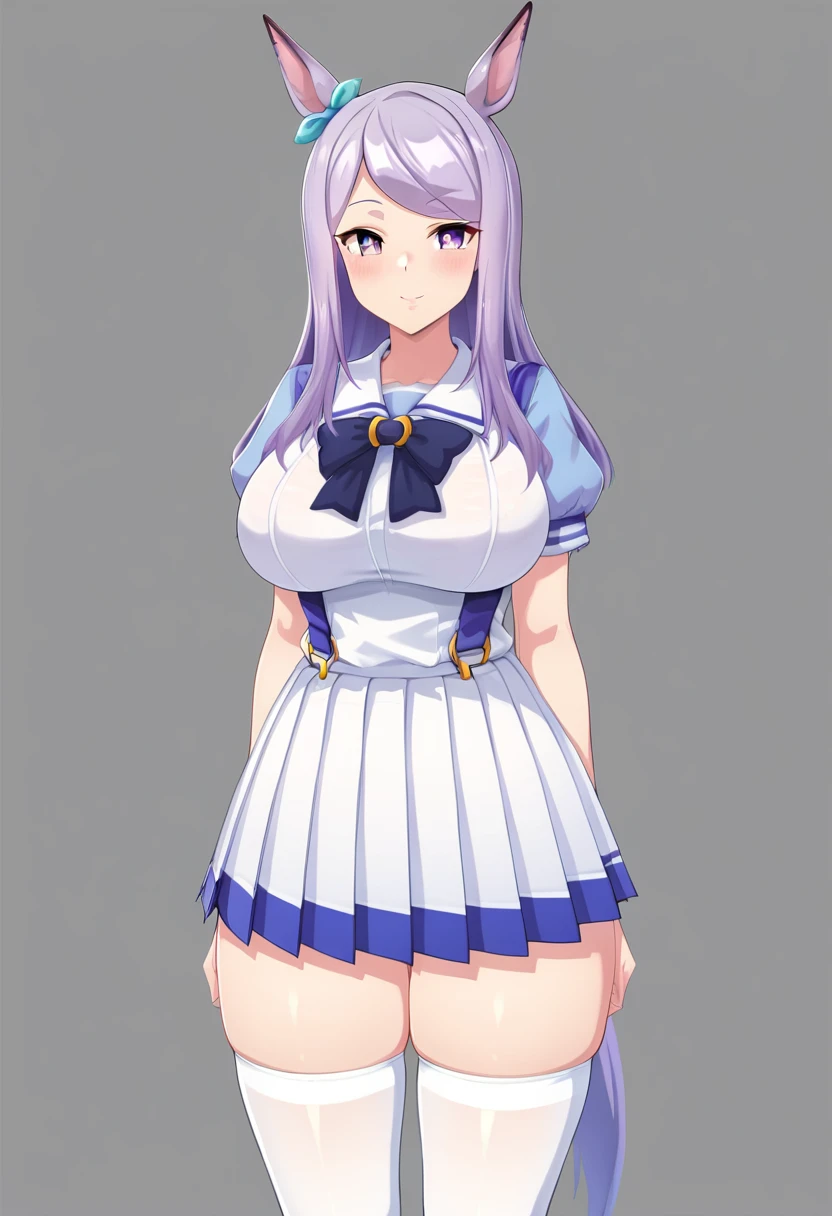 score_9, score_8_up, score_7_up, uncensored, source_anime, 1girl, solo, mejiro mcqueen \(umamusume\), summer uniform, white thighhighs, loafers, cowboy shot, smile, blush, huge , wide hips, thick thighs,