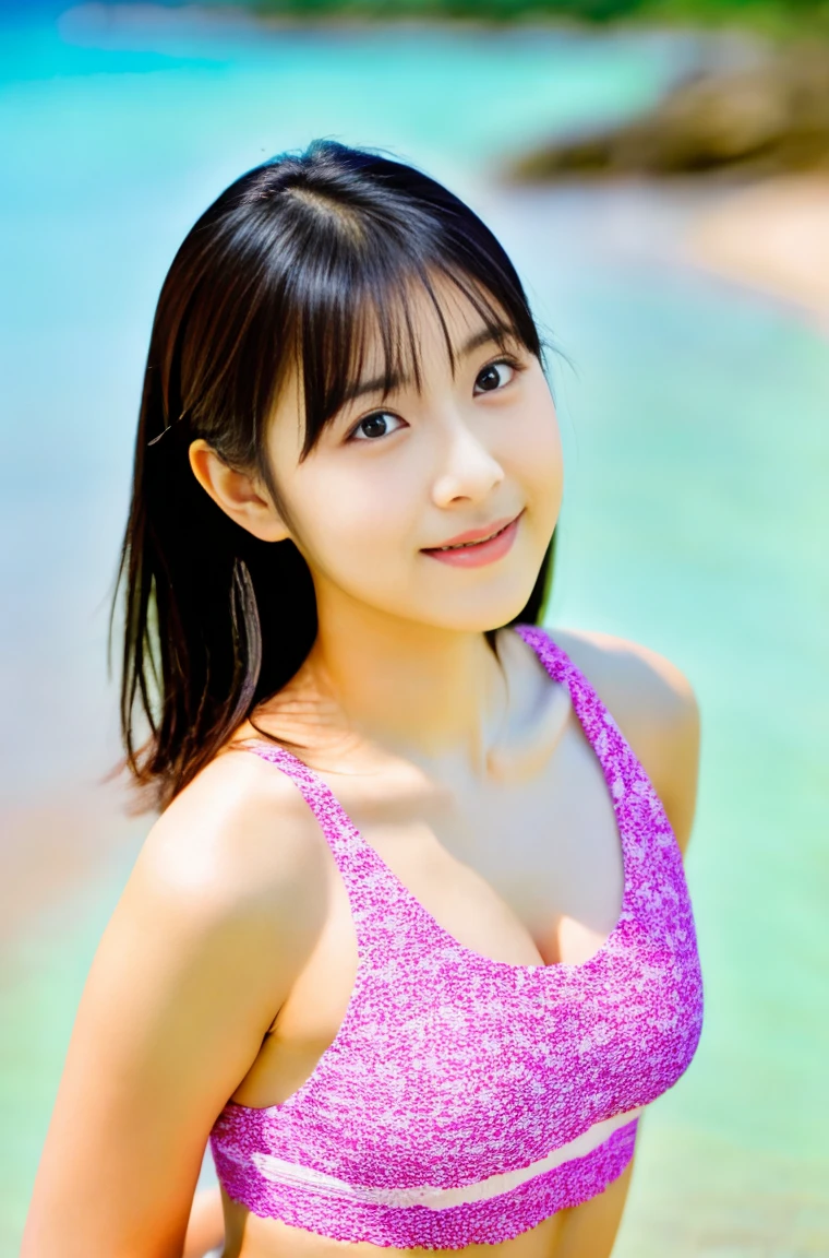 8k、Raw photo、highest quality、Japanese person model、Young Sensual Gravure Idol、A young and cute gravure idol、リアルなYoung Gravure Idol、Real fleshy gravure idol、Young Gravure Idol、A sophisticated gravure idol、Young and skinny gravure idol、The most beautiful Asian girls of all time、Hibiscus Sprint Bikini、Beach、Blur the background